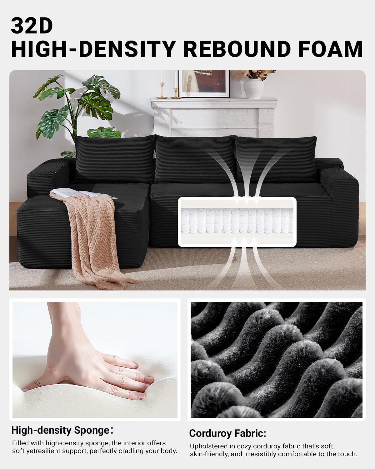 96 Inch Cloud Sectional Couch,Modern Modular Sectional Sofa with Deep Seat,Corduroy Boneless Couches with L-Shape Chaise for Living Room Bedroom,No Assembly Required (Black, Left Facing Chaise)