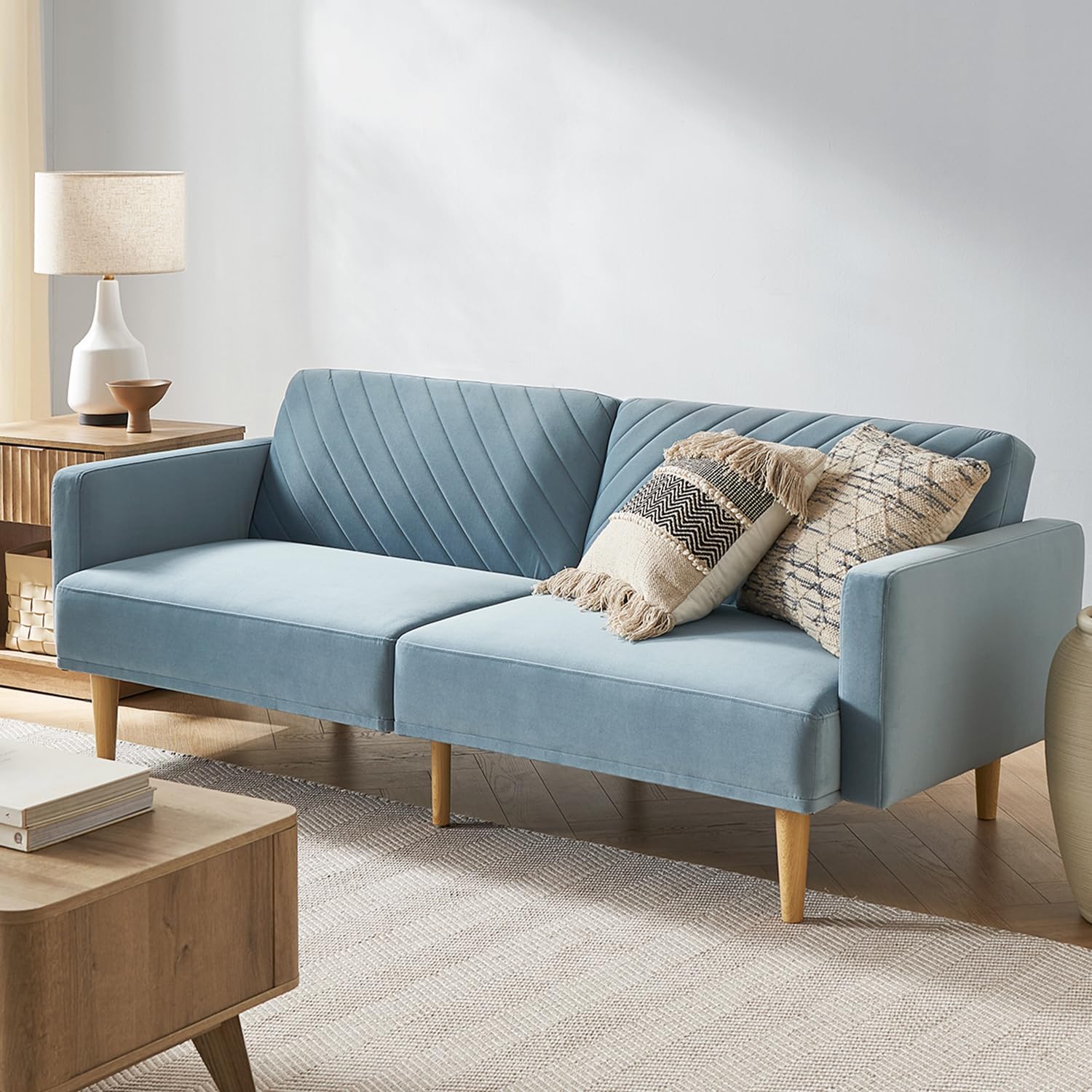 mopio 76.4' Futon Sofa Bed, Couch, Loveseat, Sleeper Sofa, Mid Century Modern Futon Couch, Sofa Cama, Couches for Living Room (Sky Blue Premium Velvet)