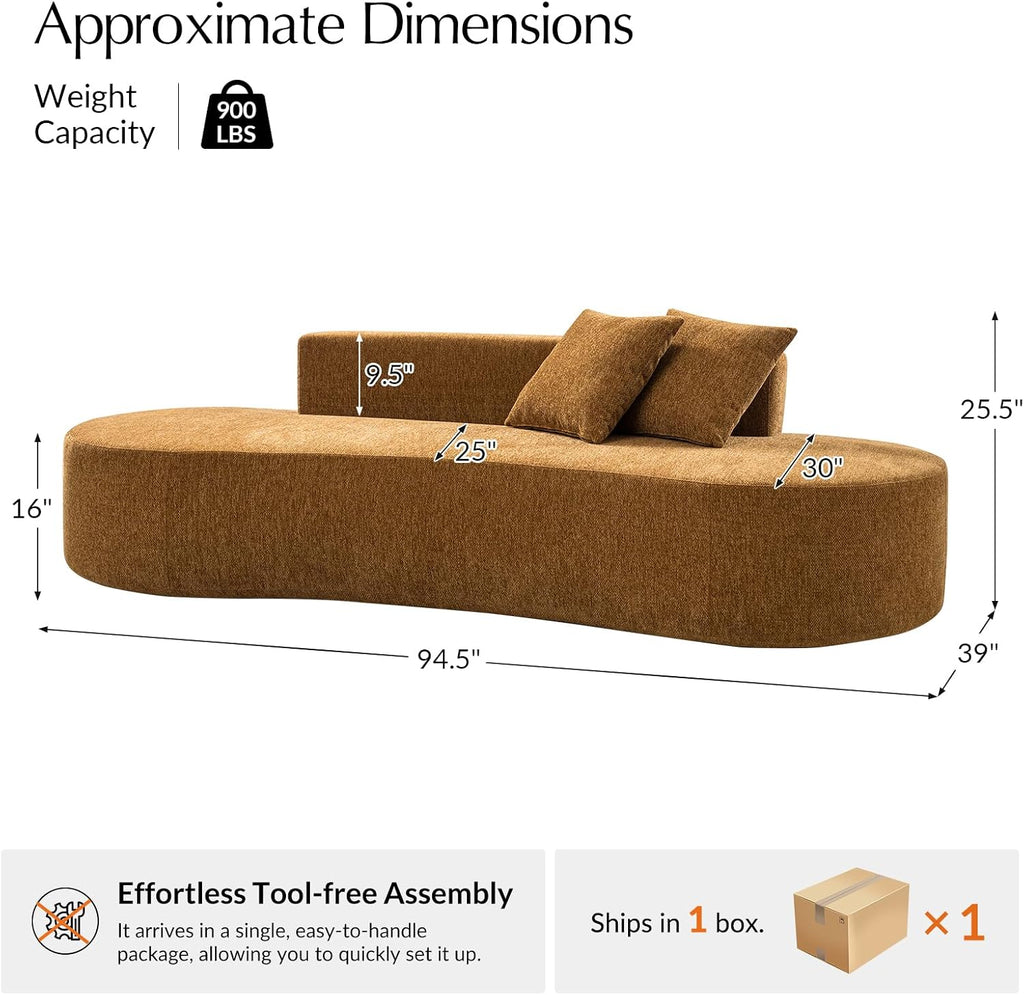 HULALA HOME 94.5' Curved Boneless Couch with Two Pillows, Oversized 3 Seater Compressed Foam Sofa with Deep Seat, Modern Cloud Couch for Living Room, No Assembly Required, Golden