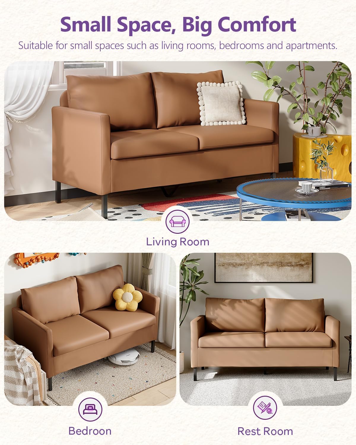 TYBOATLE Modern Faux Leather Small Couches for Small Spaces, Comfy Upholstered Brown Love Seat for Dorm, 2 Seater Mini Couch for Bedroom, Apartment, Office, Brown