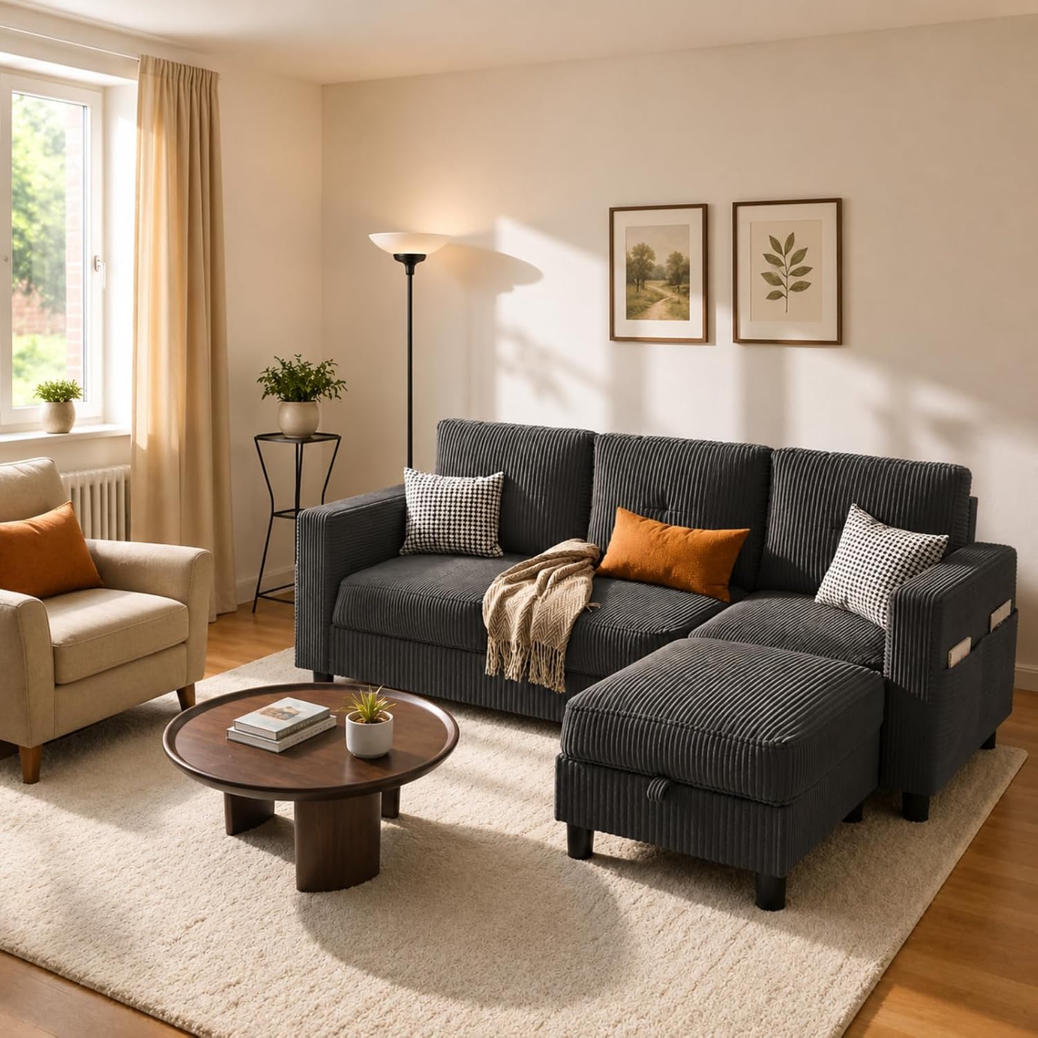 Convertible Sectional Sofa with Storage Ottoman, 77' L-Shaped 3-Seat Couch with Skin-Friendly Corduroy Fabric, Reversible Small Sectional for Small Space, Apartment, Living Room and Office(Dark Grey)