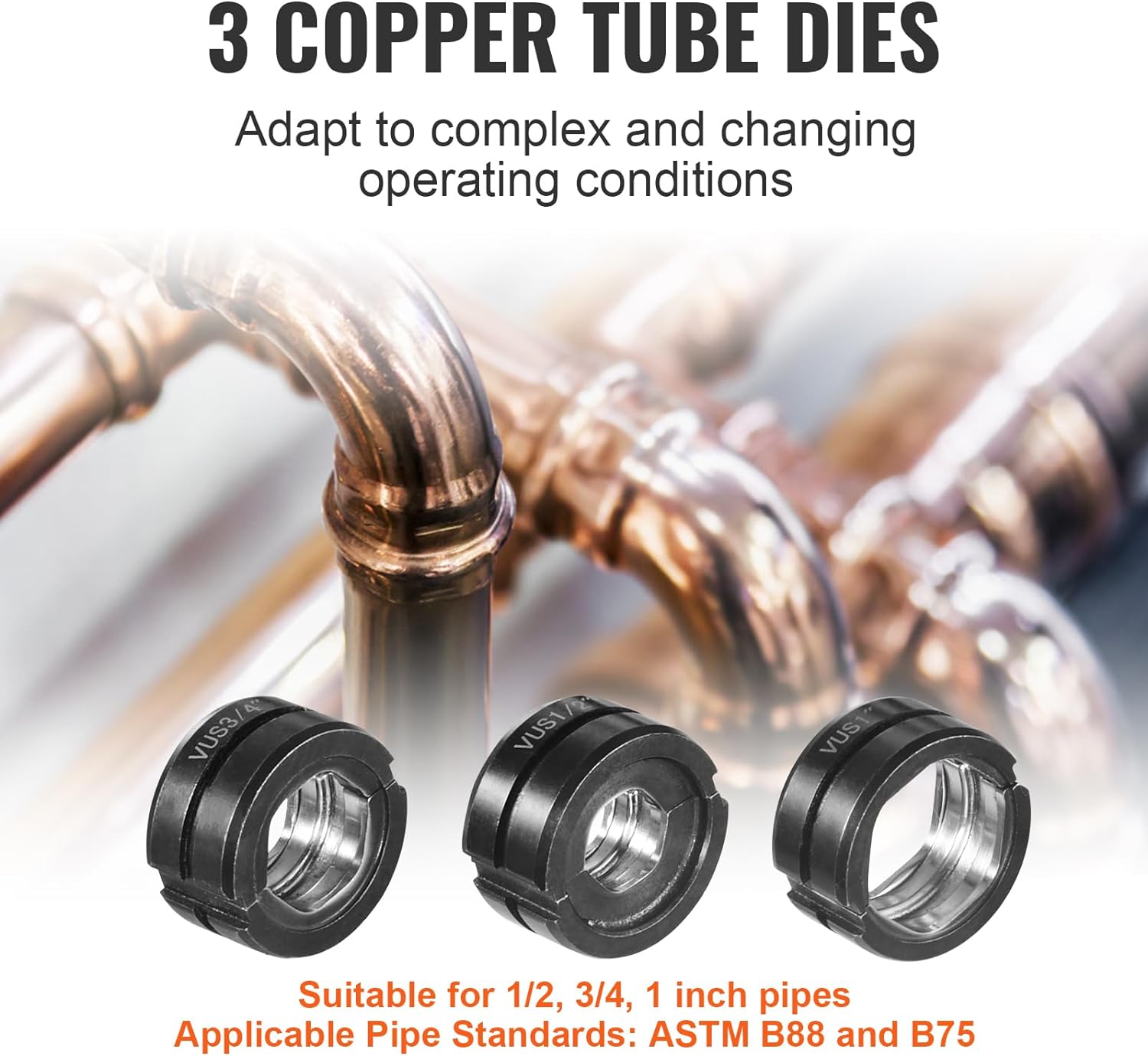 VEVOR Copper Press Tool Tube Fittings Crimping Kit, 360° Rotatable Press Crimper Tool with 1/2', 3/4', 1' Quick Change Jaws, Locking Pin & Extendable Handle, Meet ASTM B88 and B75 Standard