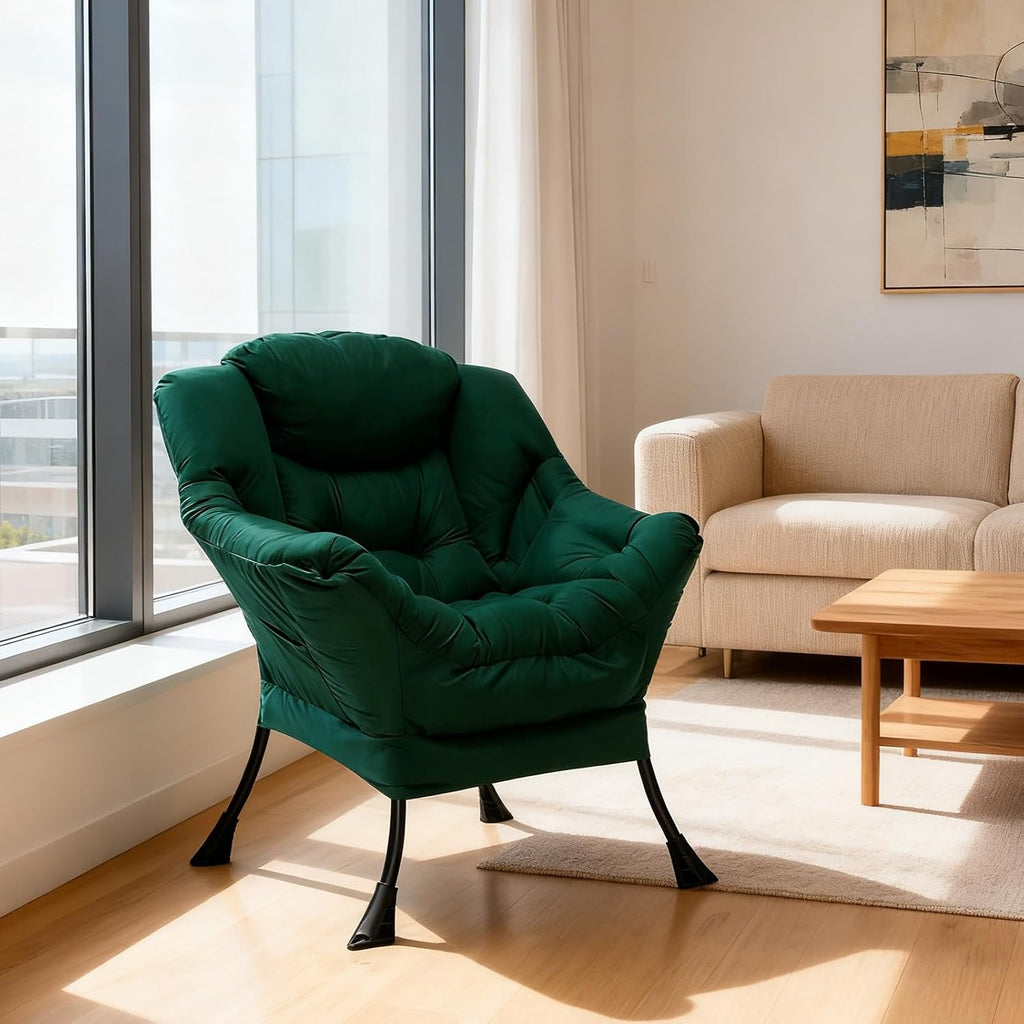 HollyHOME Modern Fabric Large Lazy Chair, Accent Oversized Comfy Reading Chair, Thick Padded Cozy Lounge Chair with Armrest, Steel Frame Leisure Sofa Chair for Living Room, Bedroom, Dorm, Green