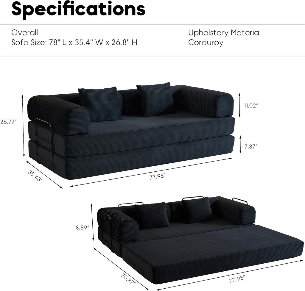 ZEIINPA Convertible Sleeper Sofa Bed with Fixed-Shape Frame, Corduroy Folding Boneless Couch with Cylindrical Pillow, Comfy Floor Sofa Couch for Living Room, No Assembly Required, Black