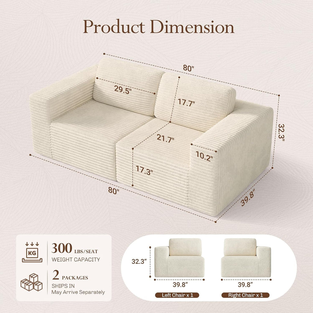 Vesgantti 80' Modular Sectional Sofa, Corduroy Cloud Couch with Deep Seating & Spring Support, 2 Seater Compact Modular Couch, Boneless Sectional Sofa for Small Spaces, No Assembly Required, Beige