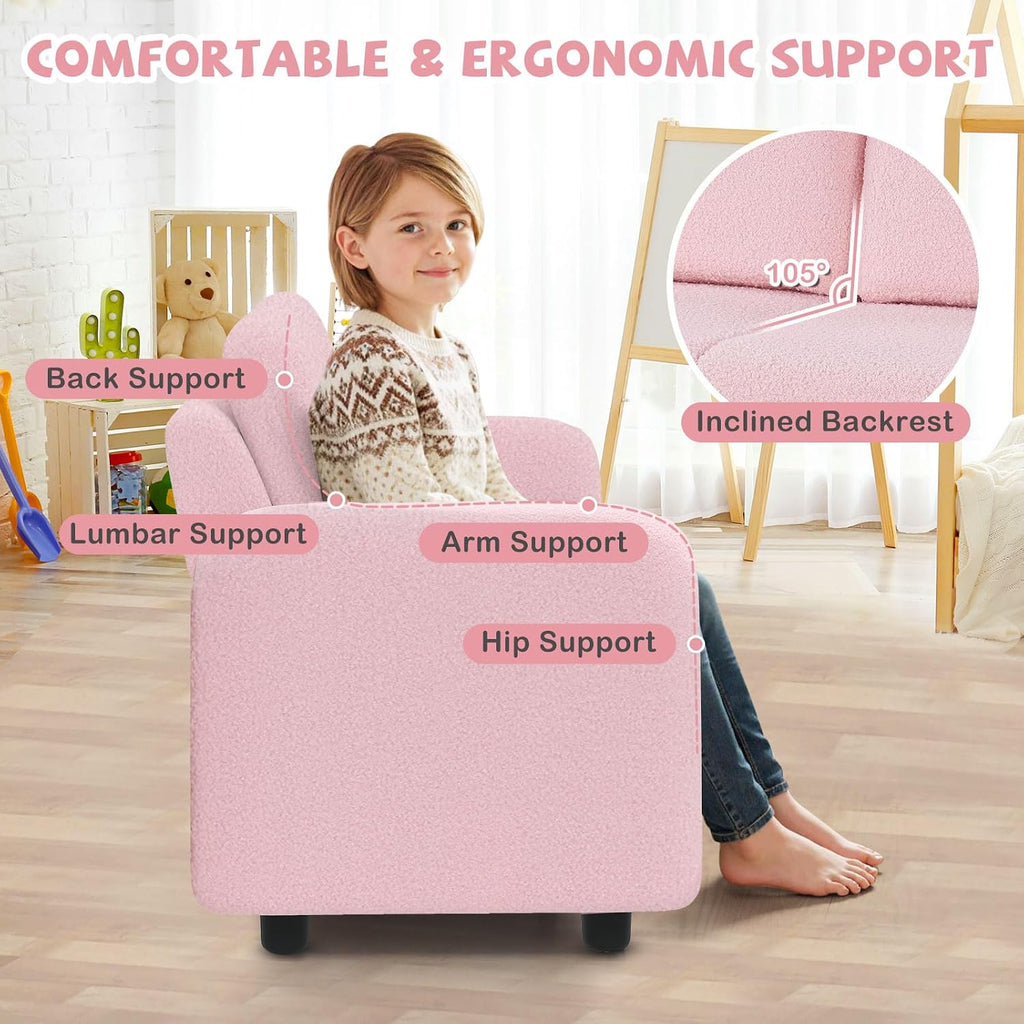 Costzon Kids Couch, 2 Seat Toddler Armrest Chair w/Teddy Fleece Upholstery & Solid Wooden Frame, Double Seat Children's Sofa for Preschool, Bedroom, Playroom, Daycare, Ideal Gift for Girls Boys