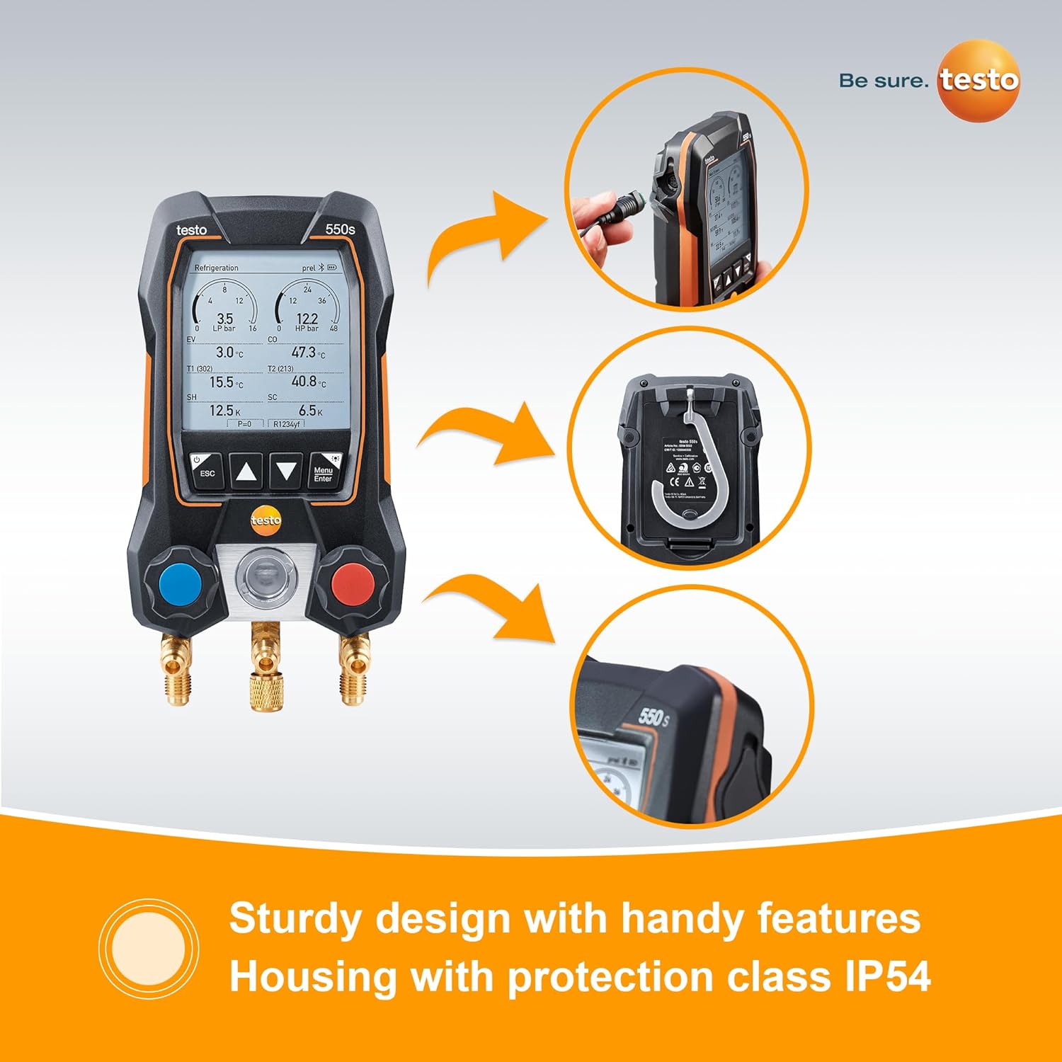 testo 550s AC Manifold Gauge Set – Manifold Gauges Hvac and Refrigeration – Incl. 2x testo 115i Pipe Clamp Thermometer, 1x testo 552i Micron Gauge Hvac - AC Recharge Kit with Bluetooth