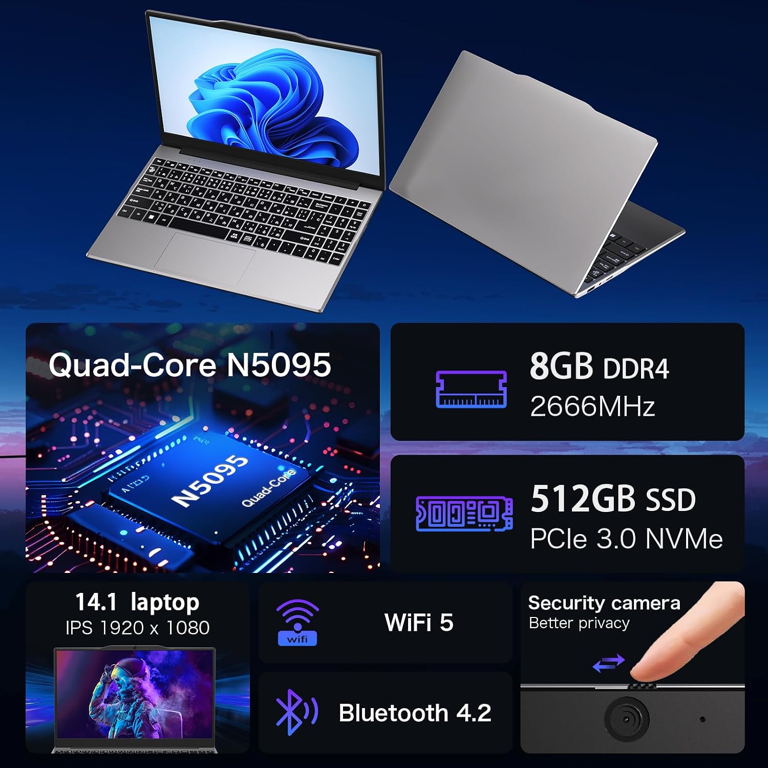 Auusda Student Laptop,14.1' FHD Laptop for Business and Study, 4-Core 2.9GHz N5095, 8GB RAM 512GB SSD, Numeric Keypad, Standard HDMI, Lightweight & Portable, Laptops Win11 Pro, 2-Year Warranty Silver