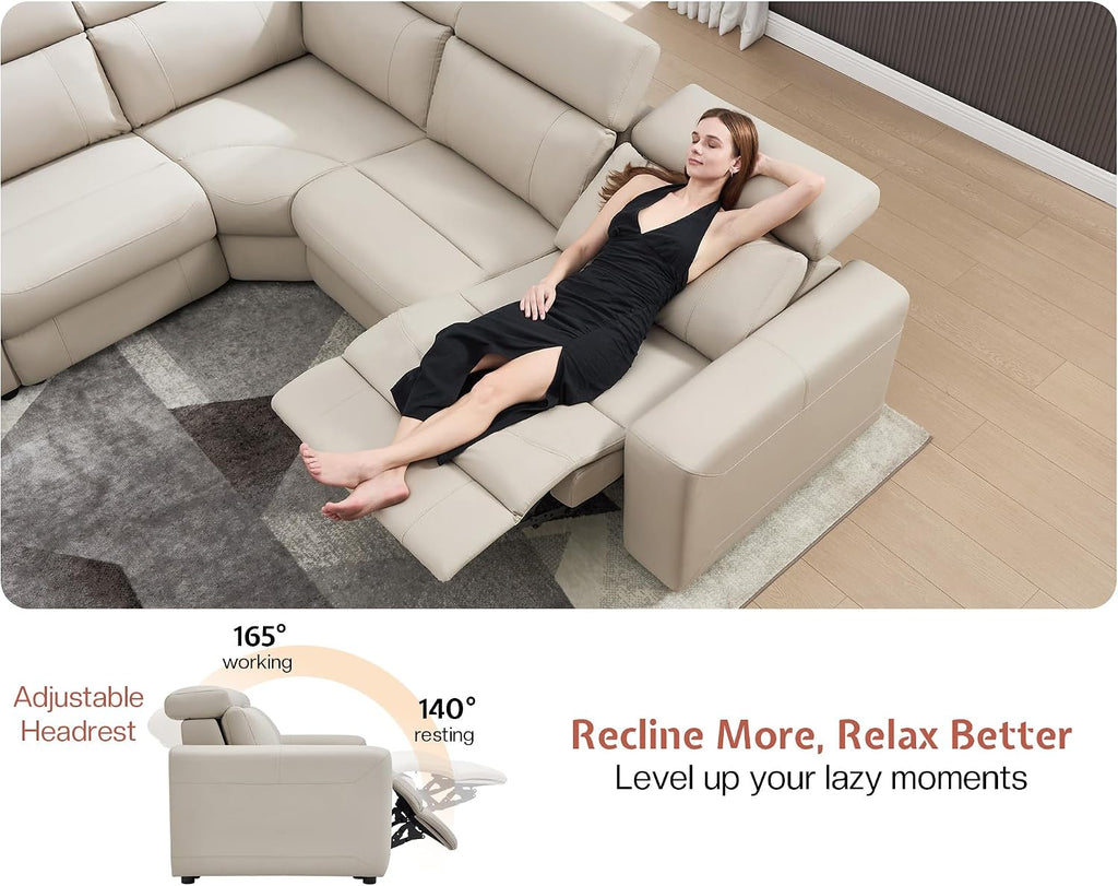 AMERLIFE Power Recliner Sectional Sofa with Storage/USB Port, Leather Recliner Sofa with Adjustable Headrest, Reclining Sectional Couches with Console and Cup Holder for Living Room (Beige Brown)