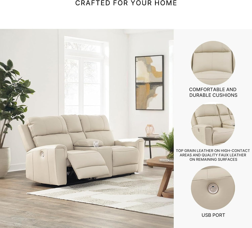 Signature Design by Ashley Dahlmoore Contemporary Leather Match Power Reclining Loveseat with Console and USB Ports, Beige
