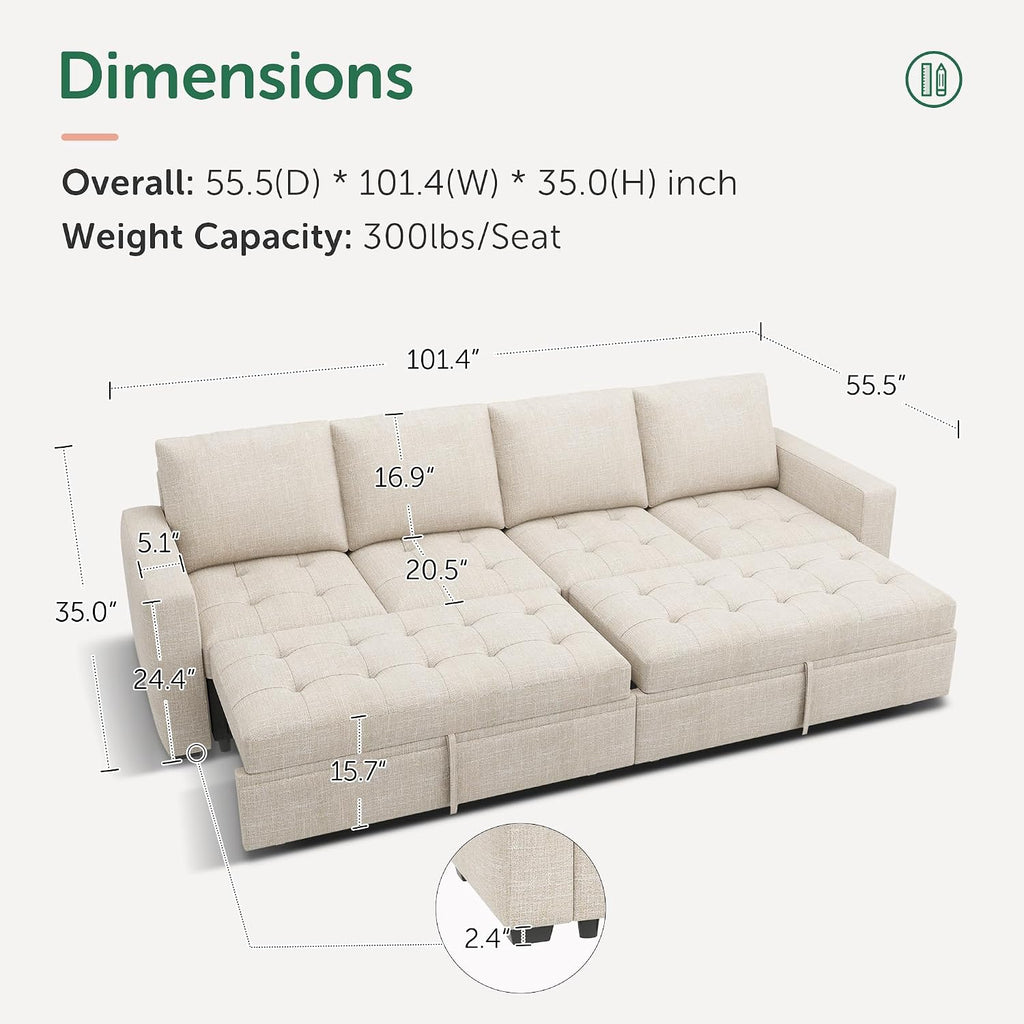 HONBAY Modular Sectional Sleeper Sofa with Pull Out Bed, Linen Convertible Sectional Couches for Living Room,Beige