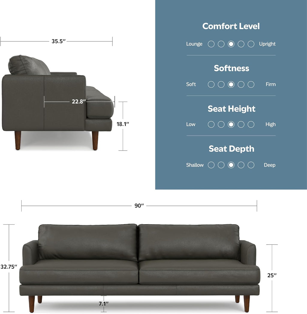 SIMPLIHOME Livingston 90-inch Wide Sofa in Charcoal Grey Woven-Blend Fabric, Handcrafted Mid-Century Modern Oversized 3-Seater Couch Sofa for Living Room or Family Room, Solid Wood Frame