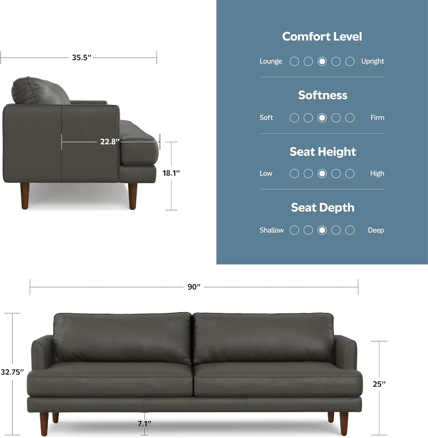 SIMPLIHOME Livingston 90-inch Wide Sofa in Charcoal Grey Woven-Blend Fabric, Handcrafted Mid-Century Modern Oversized 3-Seater Couch Sofa for Living Room or Family Room, Solid Wood Frame