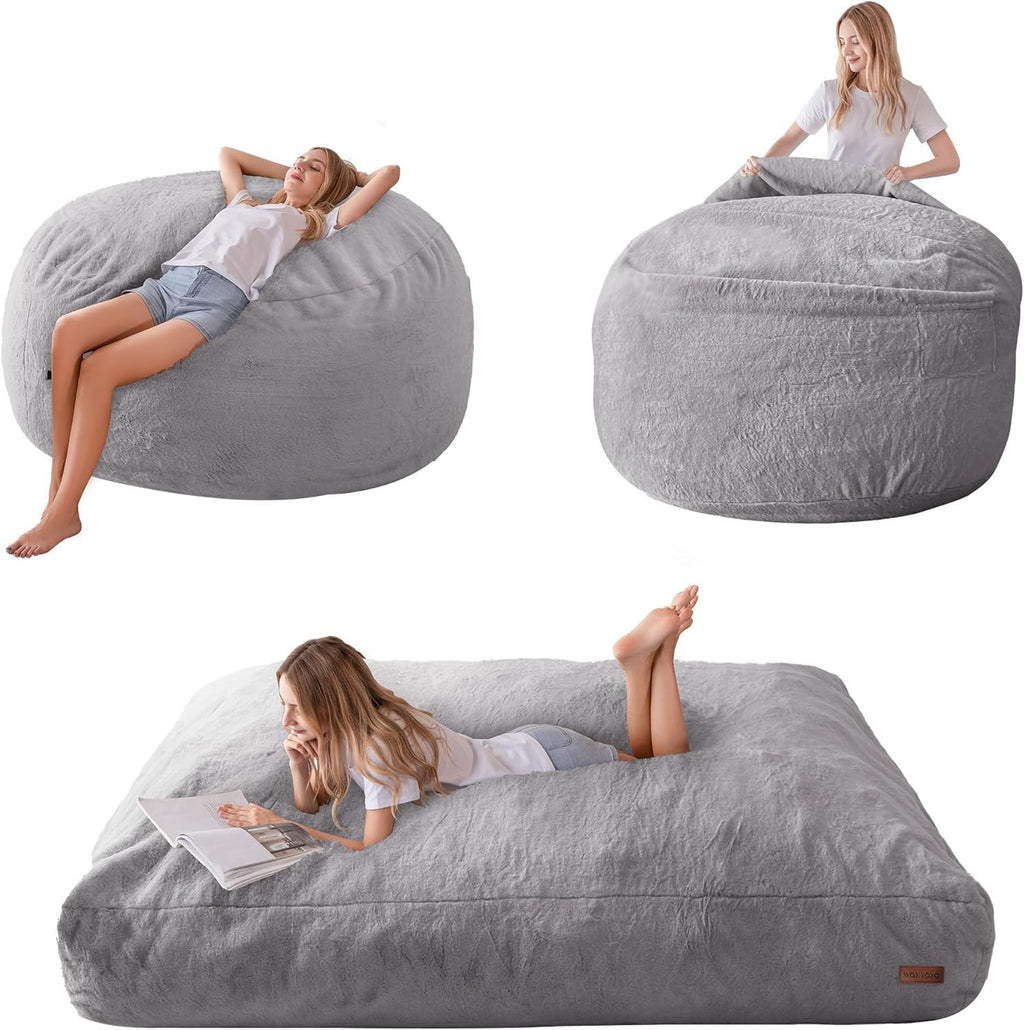 MAXYOYO Giant Bean Bag Chair Bed for Adults, Convertible Beanbag Folds from Lazy Chair to Floor Mattress Bed, Large Floor Sofa Couch, High-Density Foam Filling, Machine Washable, Grey, Flull