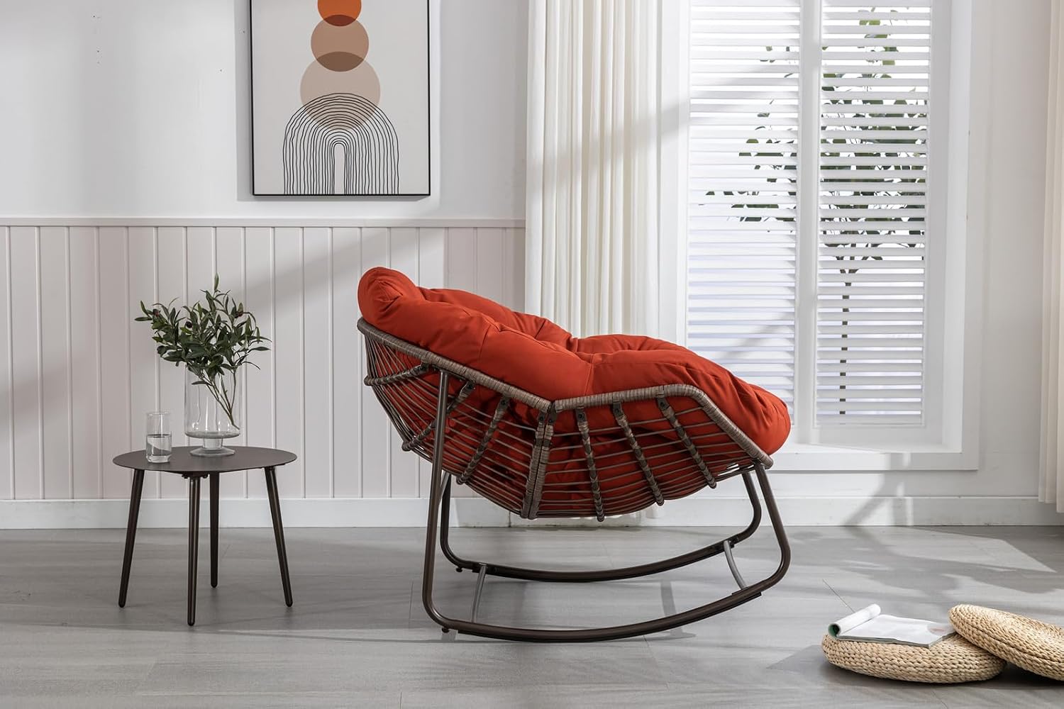 Outside Rattan Rocking Chair with Wicker Cushion, Oversized Lounge Papasan Chair, Outdoor Camping Chairs Patio Furniture for Garden, Balcony, Front Porch & Living Room, Orange