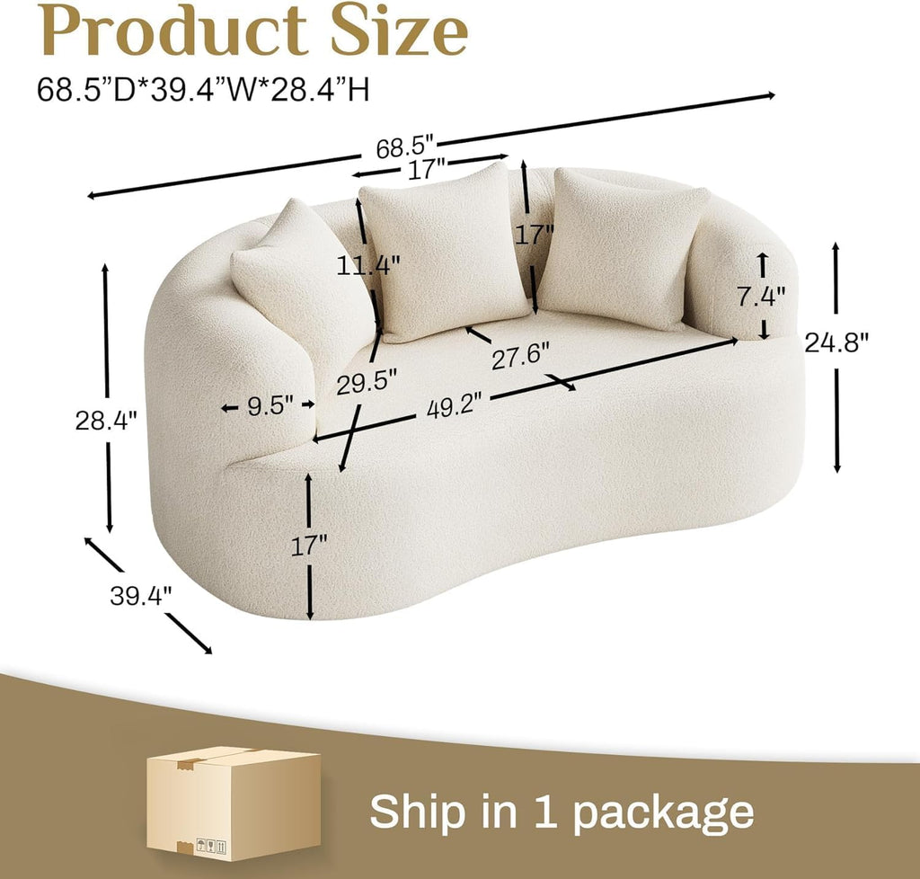 DAMAIFROM 68.5' Loveseat Sofa for Living Room, Modern Luxury Plush Chenille Extra Deep Seat Curved Cloud Floor Couch with 3 Throw Pillows for Small Spaces, No Assembly Needed, Cream White