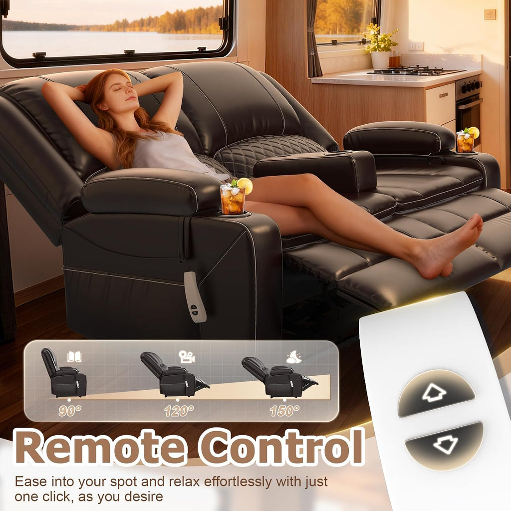 Upgraded Power Loveseat Reclining Couch, Reclining Loveseat Sofa RV Couch with Removable Armrest and Remote Control, Velvet Wall Hugger Home Theater Seating with 2-Tier Cushions, Storage (PU,Brown)