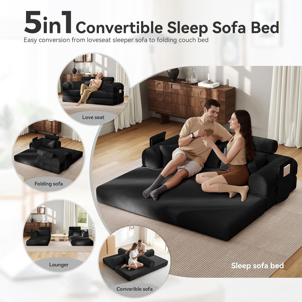 Upgraded 79' High Backrest Sofa Bed with Fixed Frame, Corduroy Fabric Convertible Couch for Small Spaces, Removable Armrests & Backrest, No Assembly Required (Black)