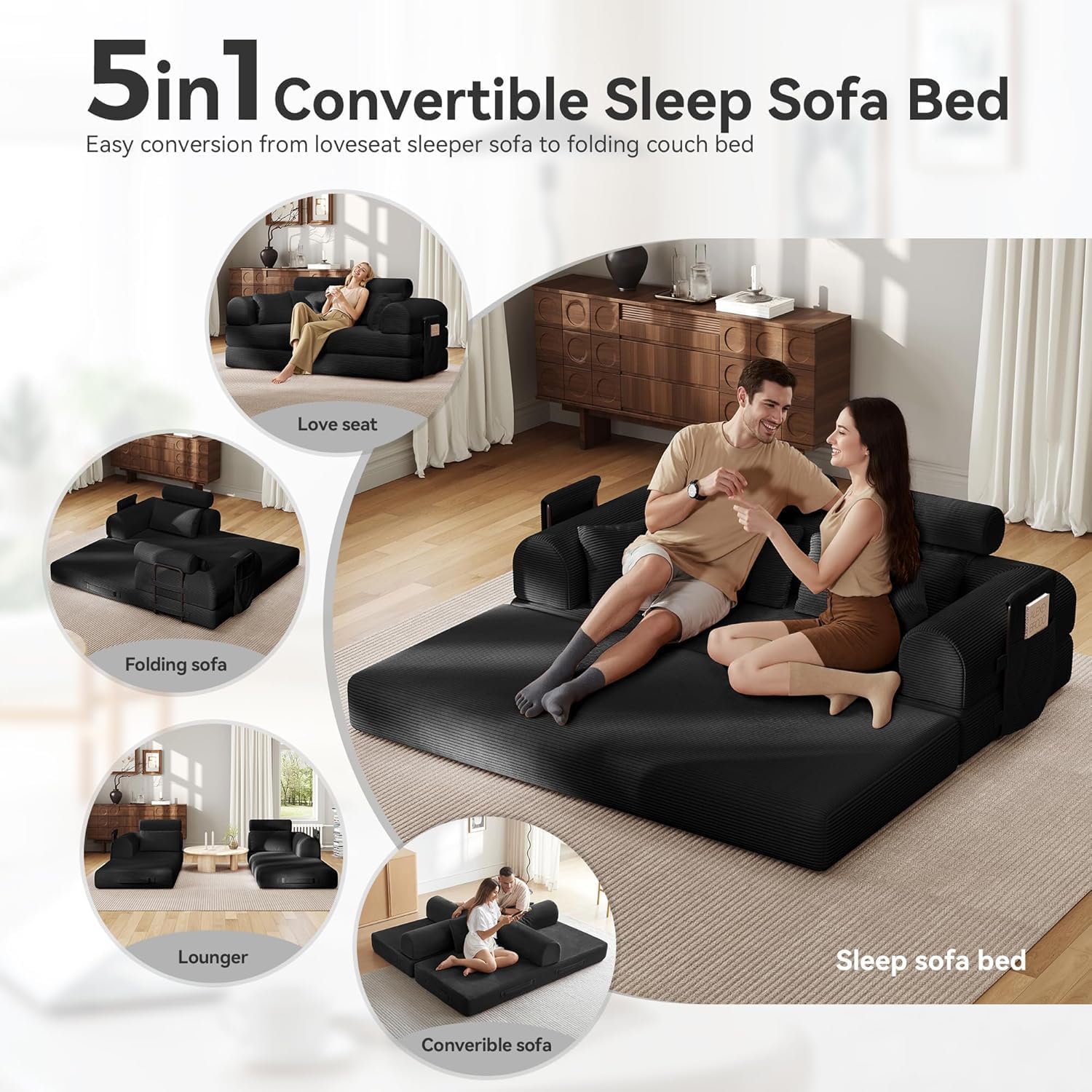 Upgraded 79' High Backrest Sofa Bed with Fixed Frame, Corduroy Fabric Convertible Couch for Small Spaces, Removable Armrests & Backrest, No Assembly Required (Black)