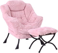 MBOOYOME Lazy Chair with Folding Ottoman, Modern Accent Lounge Armchair with Armrests and a Side Pocket & Foldable Footstool, Leisure Reading Chair for Living Room, Bedroom, Dorm & Office, Plush Pink