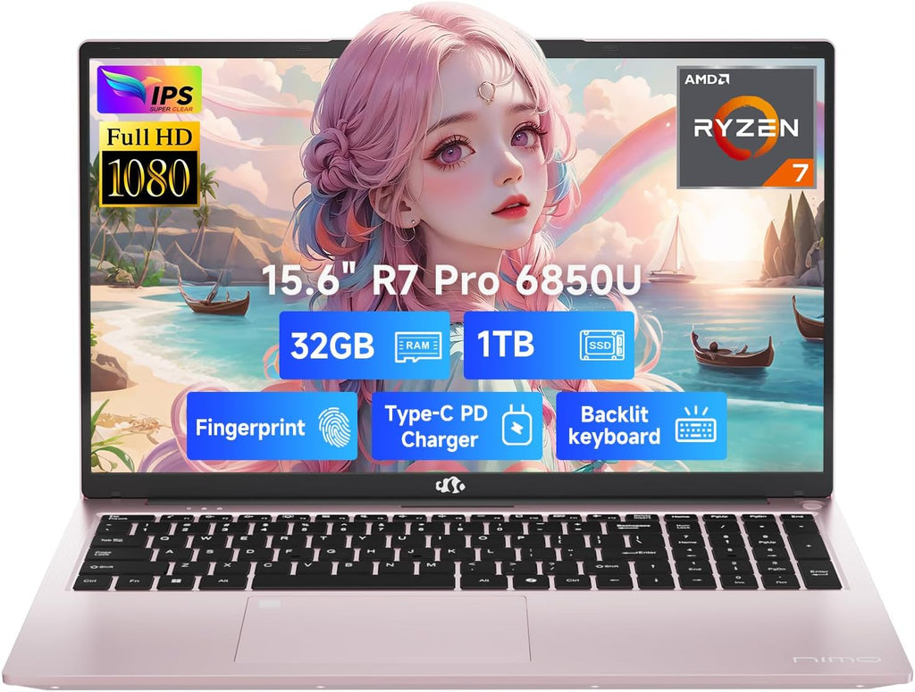 NIMO 15.6' Light-Gaming-Laptop, 8 Cores AMD Ryzen 7 Pro 6850U 32GB LPDDR5 RAM 1TB SSD (Beat i7-1360P Up to 4.7GHz) AMD Radeon 680M GPU IPS FHD Computer with 100W Type-C Backlit Keyboard Fingerprint