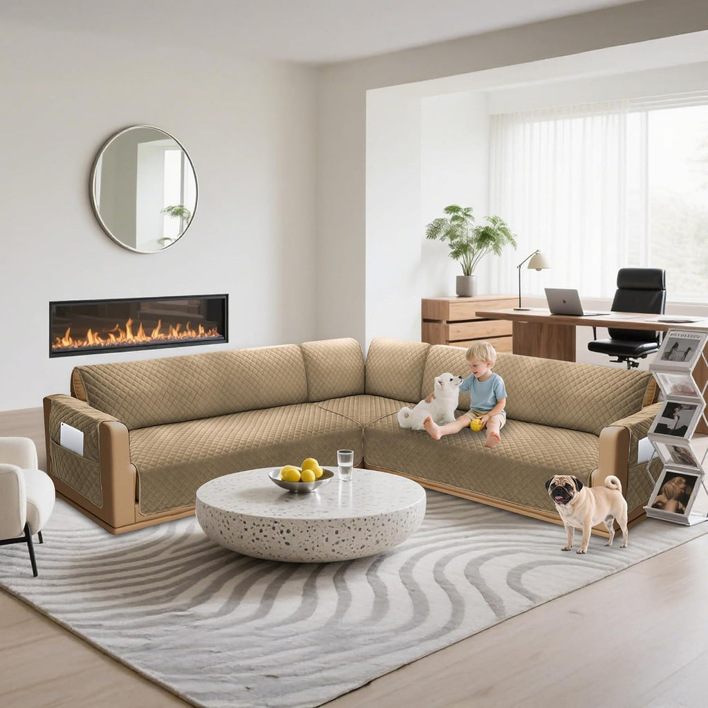 Sectional Couch Covers for Dogs 100% Waterproof Corner L Shaped Sofa Cover Pet Friendly Velvet Washable Anti Slip L Shape Modular Sofa Slipcover Protector with Pockets (Camel, Small)