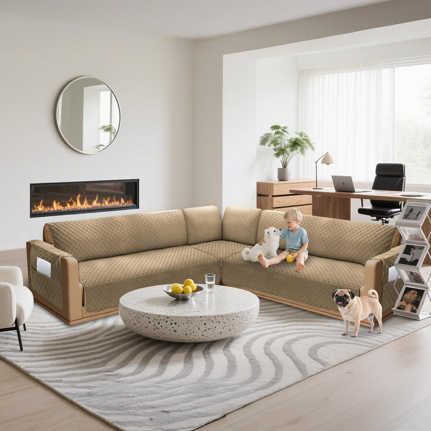 Sectional Couch Covers for Dogs 100% Waterproof Corner L Shaped Sofa Cover Pet Friendly Velvet Washable Anti Slip L Shape Modular Sofa Slipcover Protector with Pockets (Camel, Small)