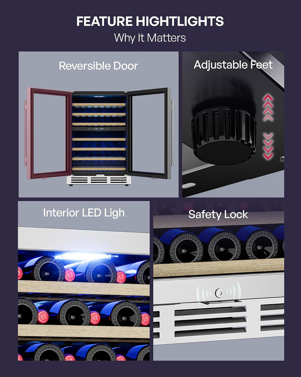 Icyglee 24 inch Wine Fridge Cooler, 54 Bottle Dual Zone Wine Fridge, 40-65°F Built in&Freestanding Under Counter Wine Refrigerator with glass door, Wine Cooler for Home Office, Safety Lock