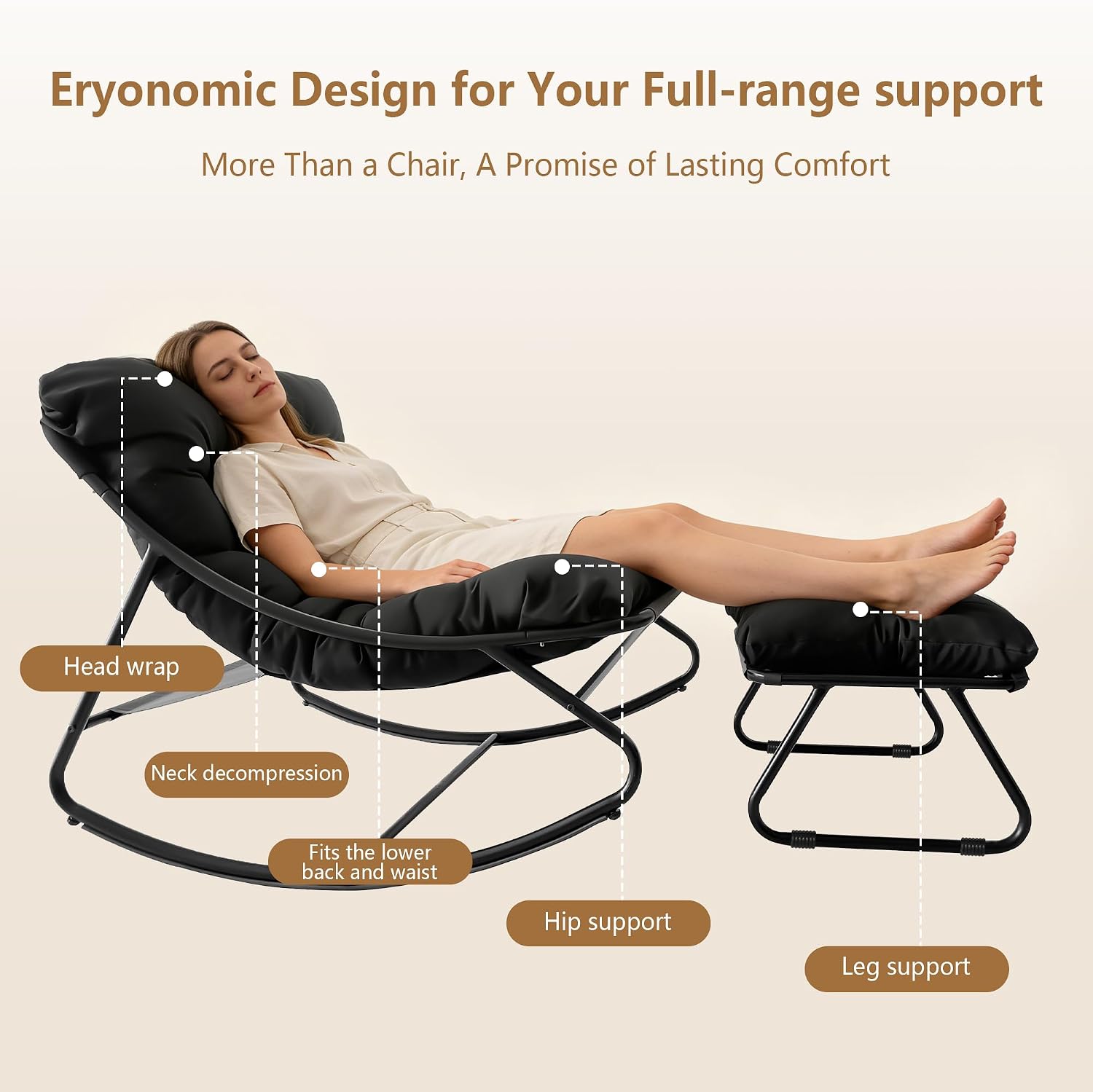 Outdoor Rocking Chair with Ottoman, Comfy Oversized Papasan Chair, Modern Upholstered Egg Gliders, 300 Lbs Wide Recliner Lounge Rocker for Bedroom, Living Room, Patio, Porch, Balcony(Black)