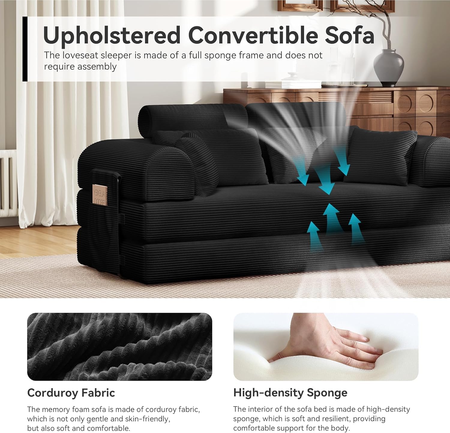 Upgraded 79' High Backrest Sofa Bed with Fixed Frame, Corduroy Fabric Convertible Couch for Small Spaces, Removable Armrests & Backrest, No Assembly Required (Black)