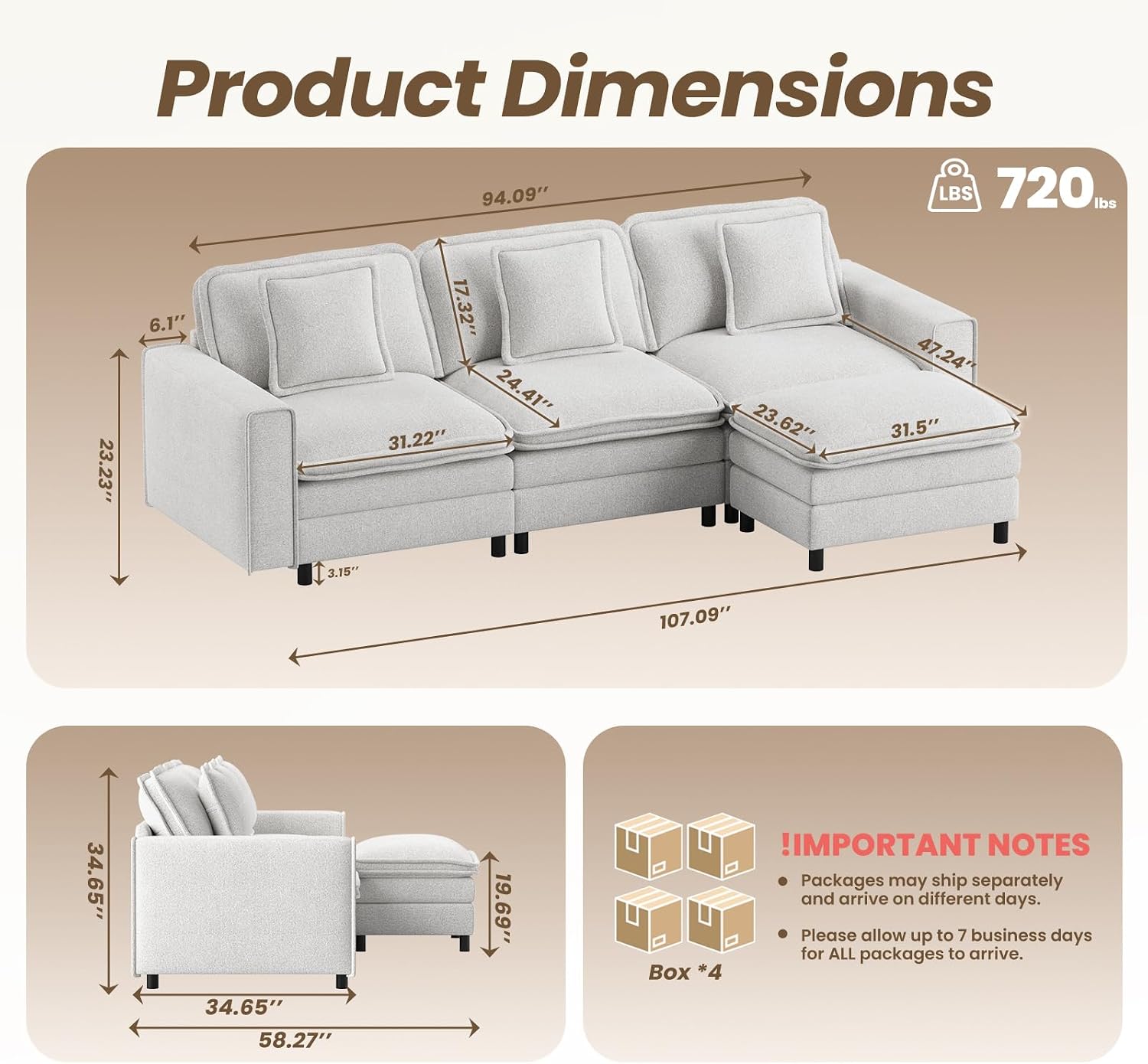 MALOL Modular Sectional Sofa 107', Comfy Cloud Couch with Ottoman, Deep 4-Seat L Shaped Modular Sofa, Couches with Throw Pillows for Living Room, Beige