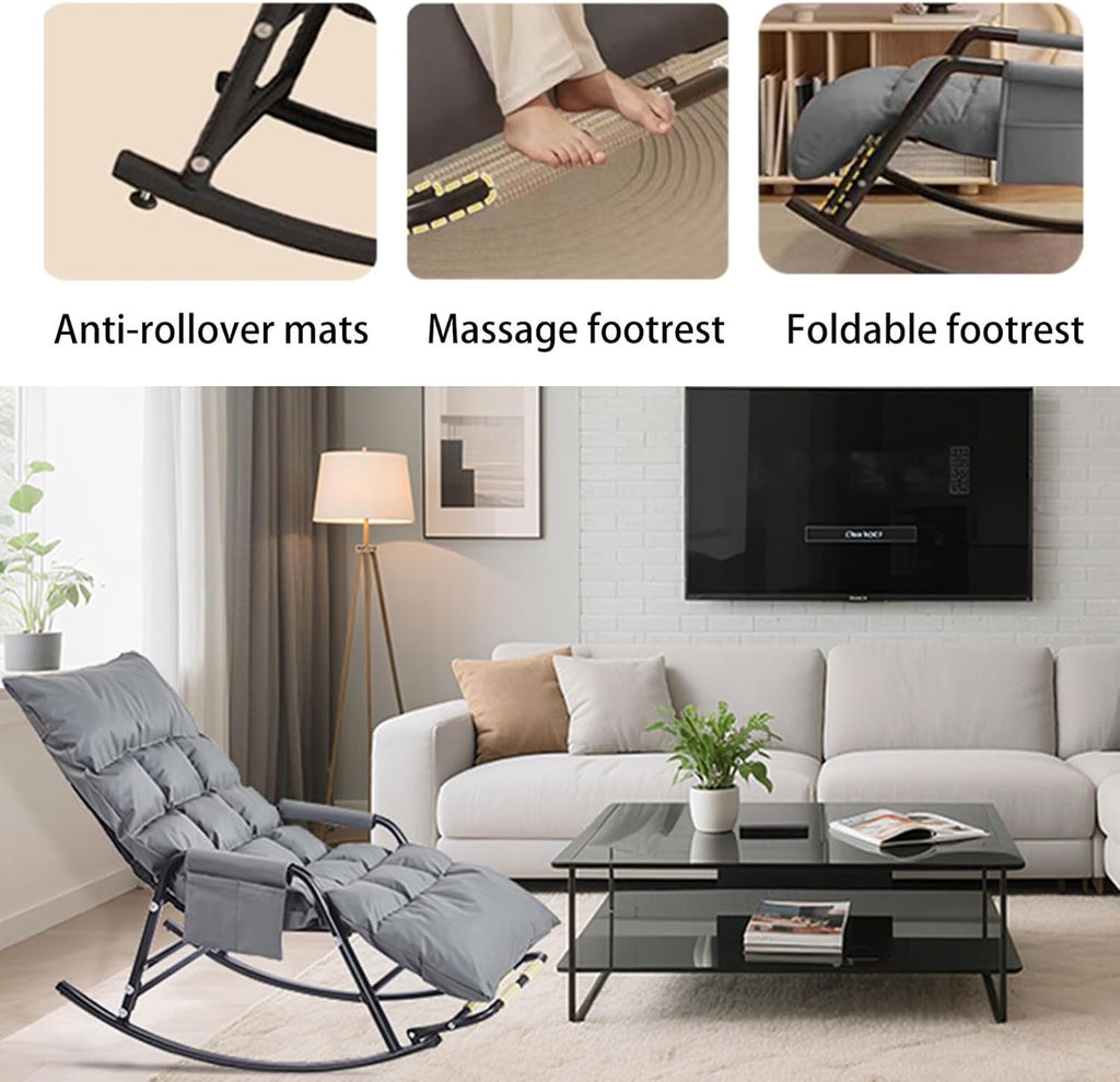 Outdoor Rocking Chair - Foldable Ottoman Glider Chair - 5-Way Adjustable Recliner Chair - Removable Waterproof Cushion ，for Porch,Patio,Garden, BalconyGrey,145 * 60 * 50cm