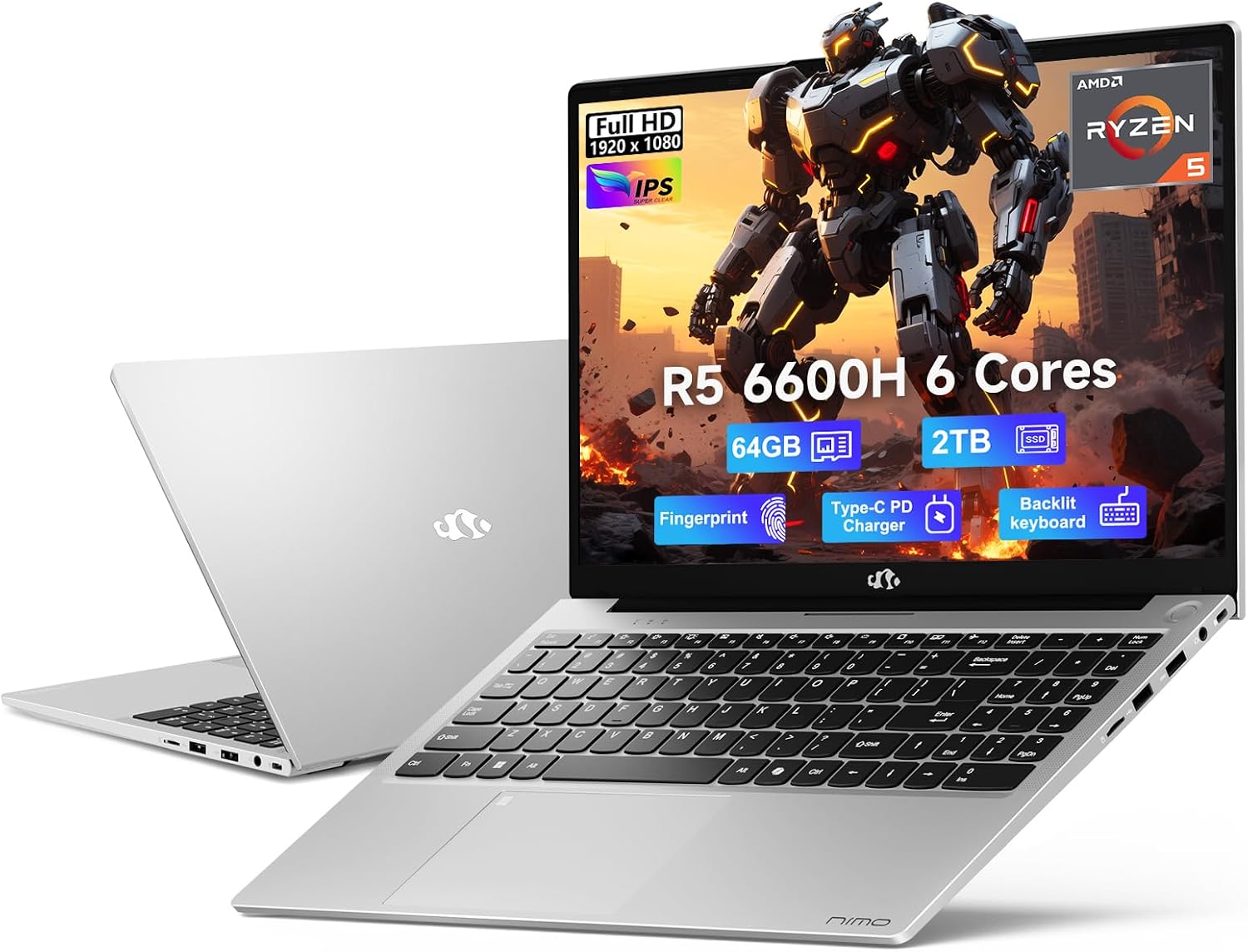 NIMO 15.6' IPS FHD-Gaming-Laptop, AMD Ryzen 5 6600H 6-Cores 660M GPU 64GB DDR5 RAM 2TB SSD(Beat i7-1165G7, Up to 4.5GHz) Computer with 100W GaN Type C Fingerprint Backlit Keyboard Win 11