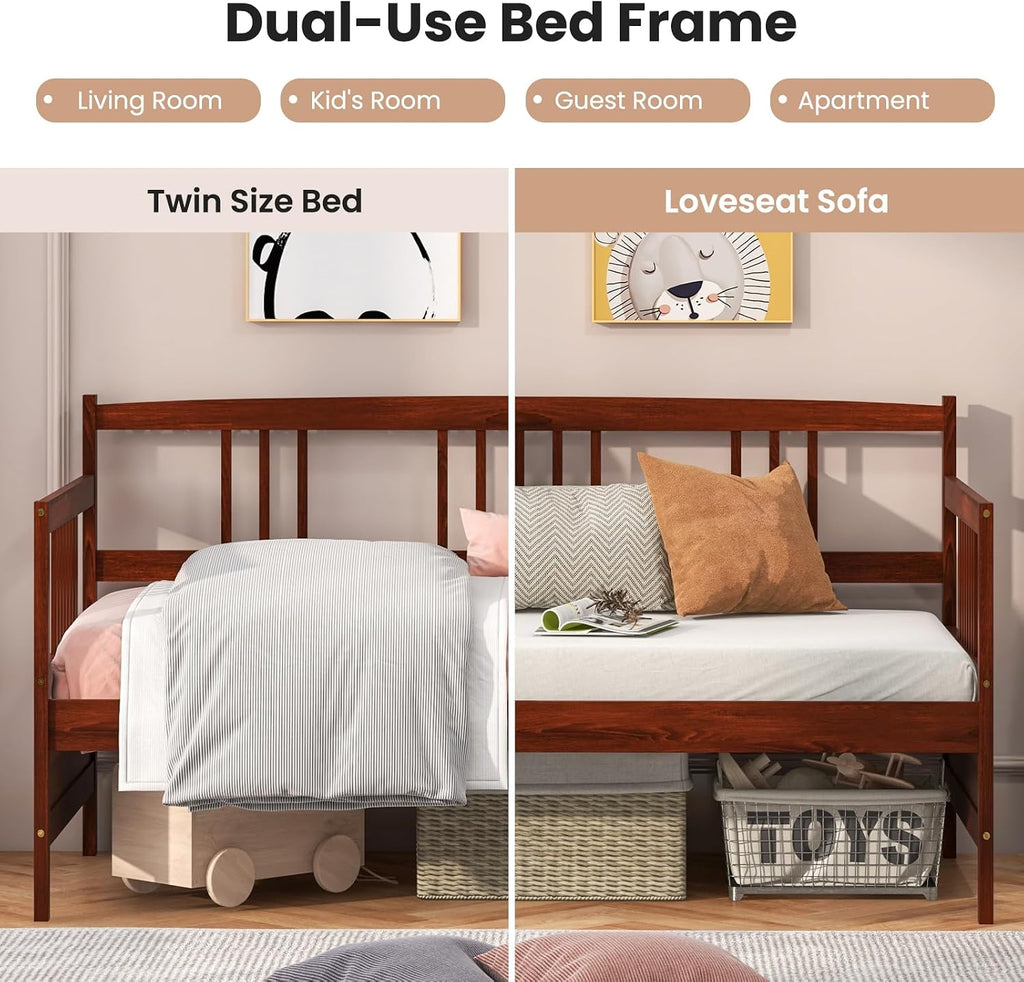 Giantex Twin Daybed Frame, Wooden Sofa Bed Guest Bed with Rails & Wood Slat Support, Dual-use Twin Size Platform Bed Frame for Living Room Bedroom, No Box Spring Needed, Cherry