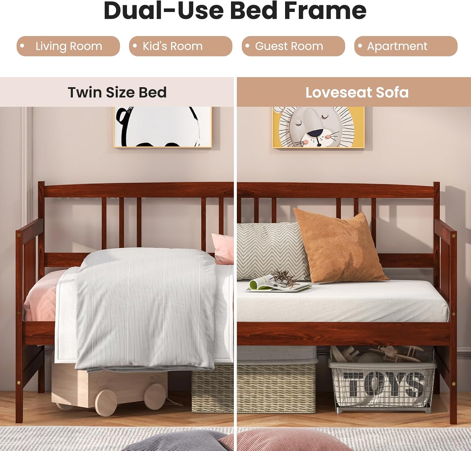 Giantex Twin Daybed Frame, Wooden Sofa Bed Guest Bed with Rails & Wood Slat Support, Dual-use Twin Size Platform Bed Frame for Living Room Bedroom, No Box Spring Needed, Cherry