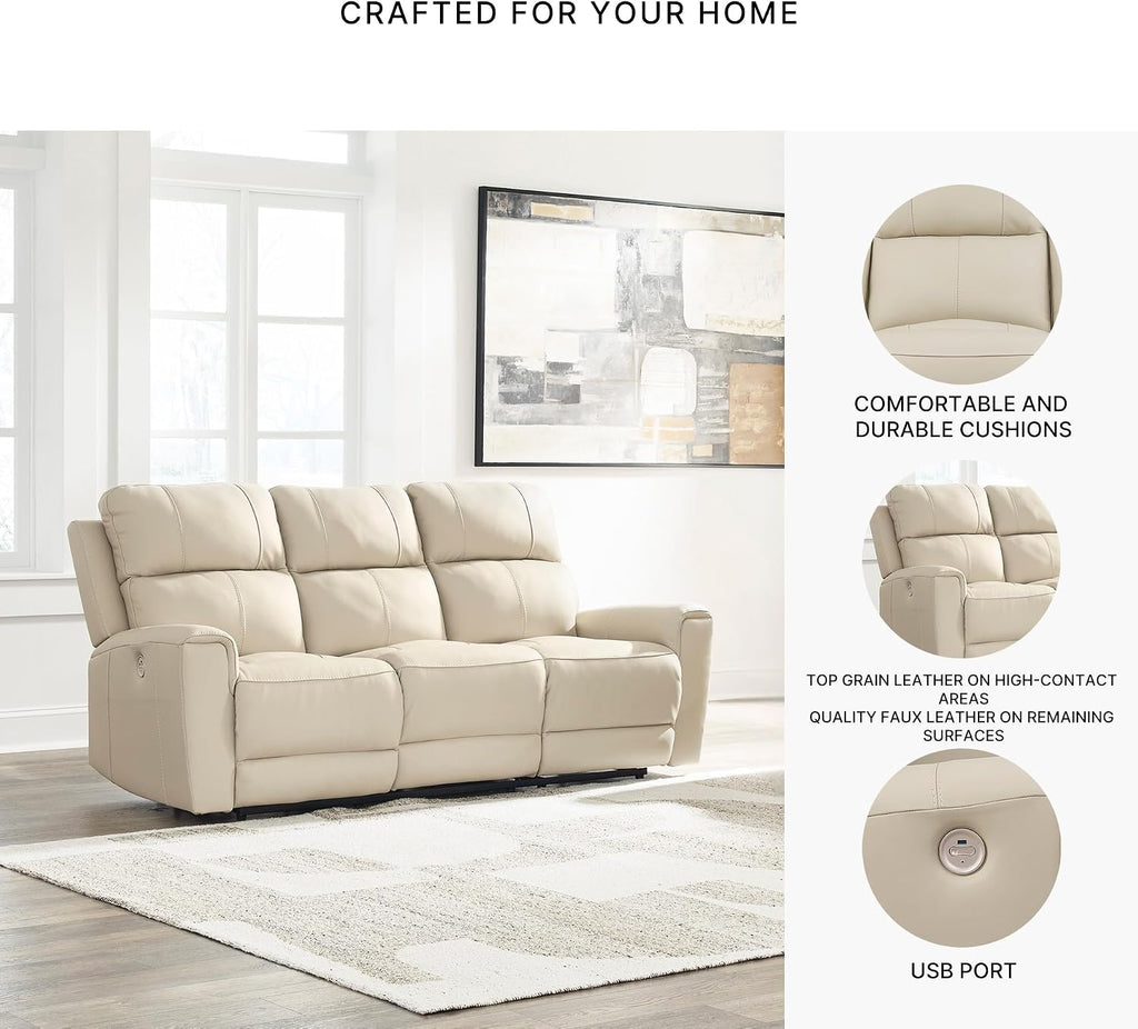 Signature Design by Ashley Dahlmoore Modern Leather Match Power Reclining Sofa with USB Ports, Beige