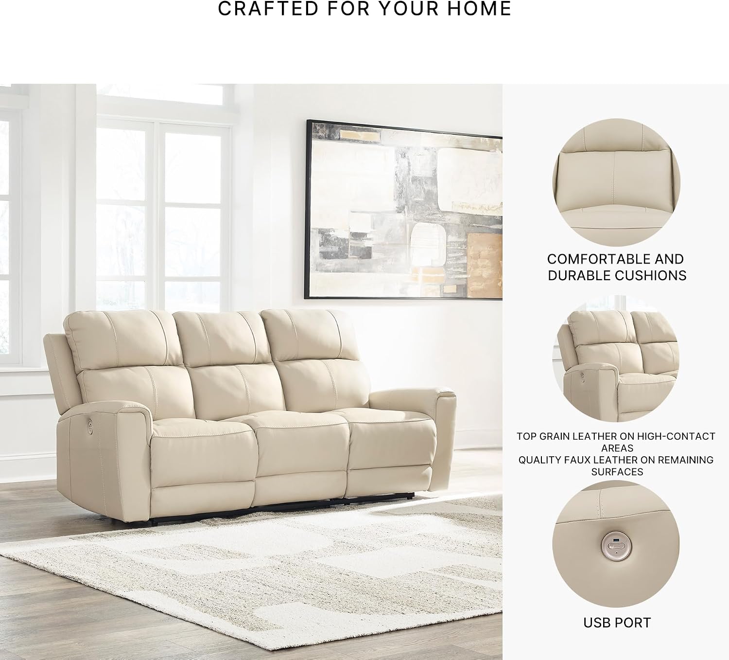 Signature Design by Ashley Dahlmoore Modern Leather Match Power Reclining Sofa with USB Ports, Beige