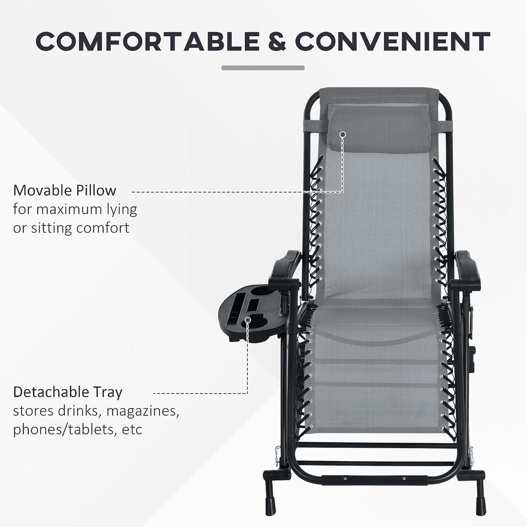 Outsunny Set of 2 Outdoor Rocking Chairs, Foldable Reclining Zero Gravity Lounge Rocker with Pillow, Cup & Phone Holder, Combo Design with Folding Legs, Gray