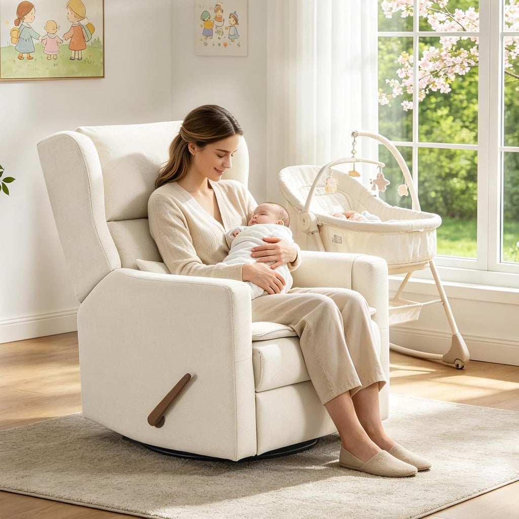Rocking Chair Nursery with Adjustable Headrest,Comfy Swivel Rocker Recliner with Lumbar Support, Manual Nursery Chair Rocker Recliner with Cup Holder and Side Pockets, White