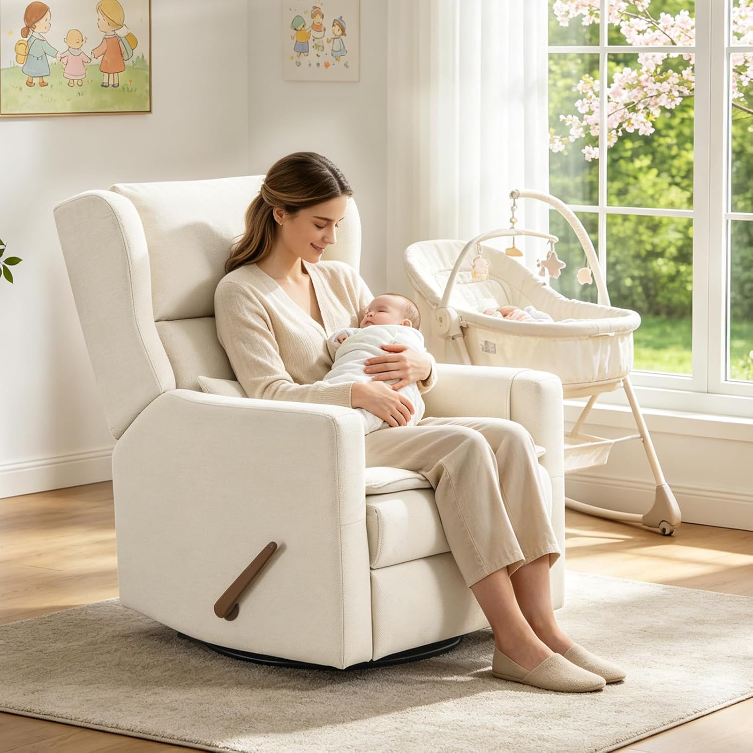 Rocking Chair Nursery with Adjustable Headrest,Comfy Swivel Rocker Recliner with Lumbar Support, Manual Nursery Chair Rocker Recliner with Cup Holder and Side Pockets, White