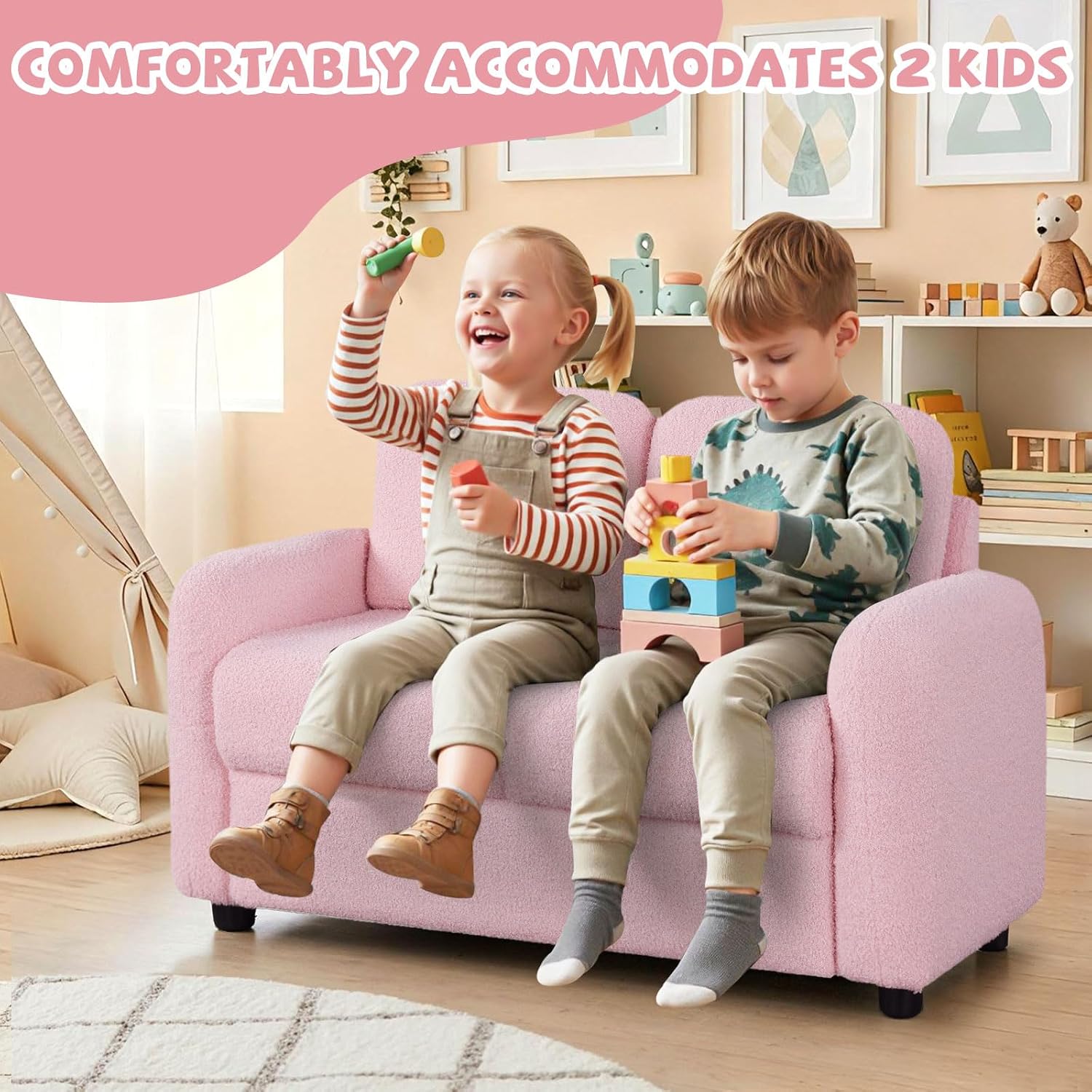 Costzon Kids Couch, 2 Seat Toddler Armrest Chair w/Teddy Fleece Upholstery & Solid Wooden Frame, Double Seat Children's Sofa for Preschool, Bedroom, Playroom, Daycare, Ideal Gift for Girls Boys