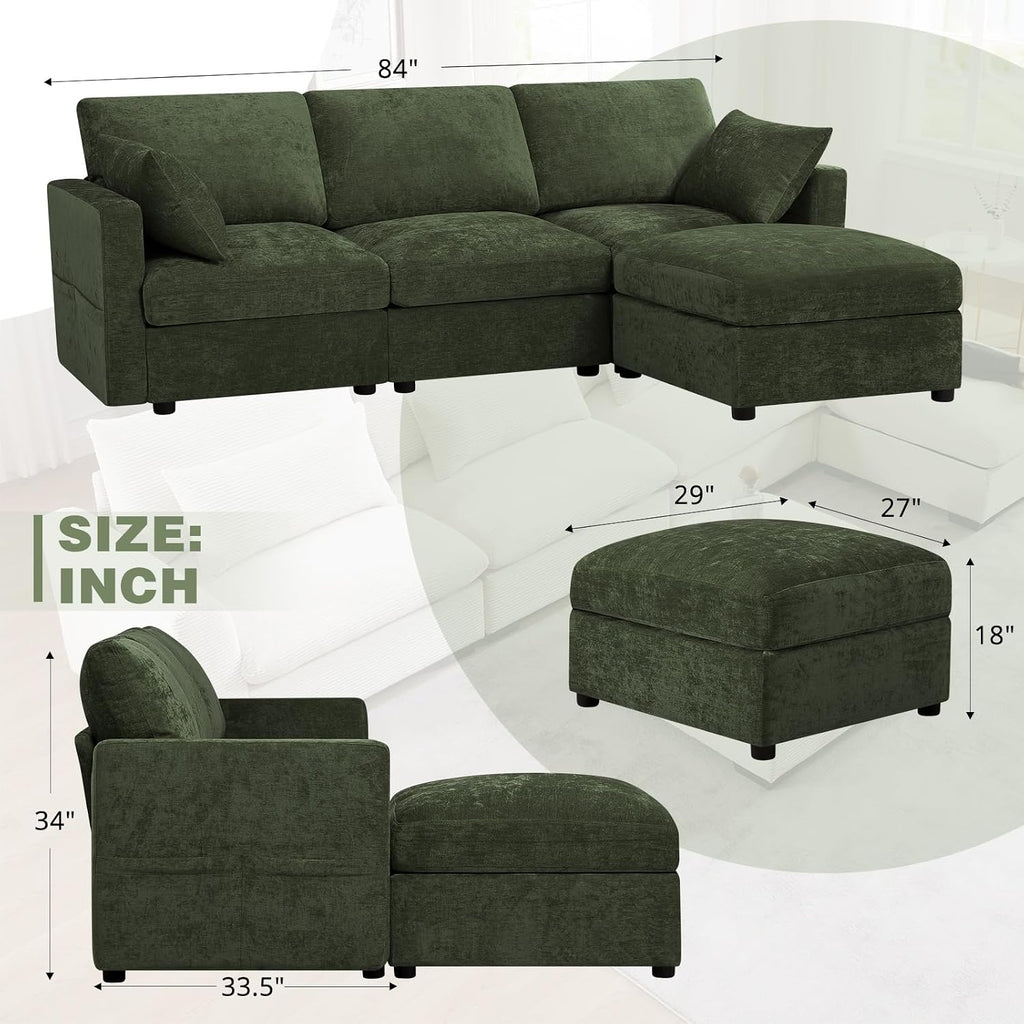 84' Chenille 3 Seats Sofa W/Movable Ottoman, Modern Fabric L Shaped Couch w/Soft Backrest, Upholstered Sectional Sofa with Armrest Pillows for Living Room, Office, Green