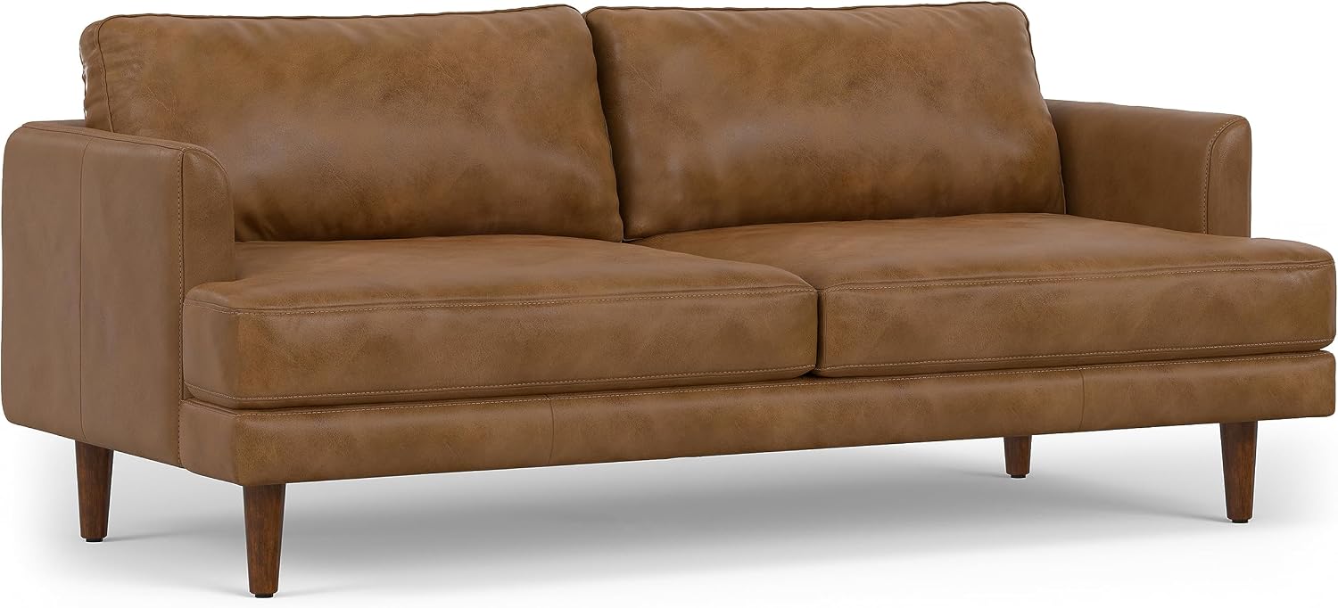 SIMPLIHOME Livingston Sofa - 76' Wide x 33' High Top Grain Genuine Leather Sofa in Caramel Brown, Mid-Century Modern Loveseat with Removable Feather-Wrapped Cushions and Solid Wood Frame