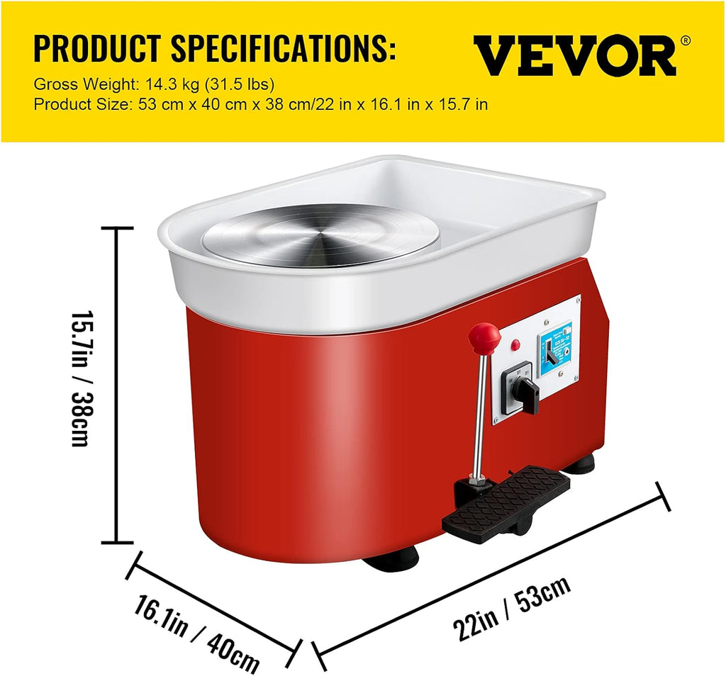 VEVOR Pottery Wheel 25cm Pottery Forming Machine 350W Electric Pottery Wheel with Adjustable Feet Lever Pedal DIY Clay Tool with Tray for Ceramic Work Clay Art DIY Clay
