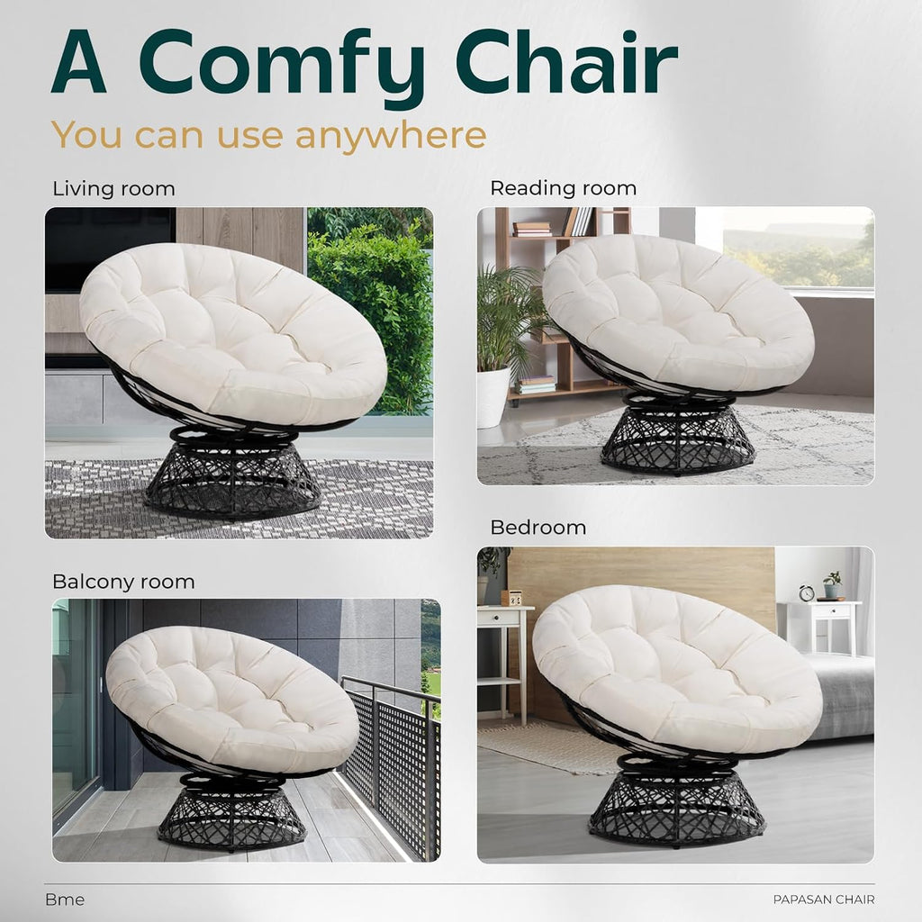 Bme 40' Ergonomic Wicker Papasan Chair with Soft Thick Cushion & Frame, 360° Swivel, Circle, Reading, Comfy Chair for Living Room, Bedroom