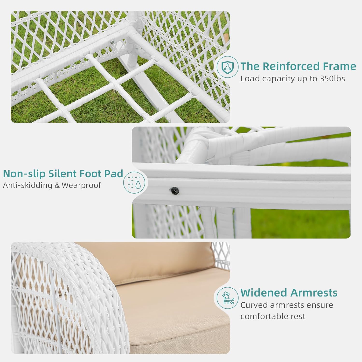MEETWARM 3 Pieces Patio Conversation Set, Rattan Outdoor Rocking Patio Bistro Set with 2 Rockers and 1 Side Table with 4' Thick Cushions, Outdoor Furniture Set for Porch Backyard, White Wicker/Beige