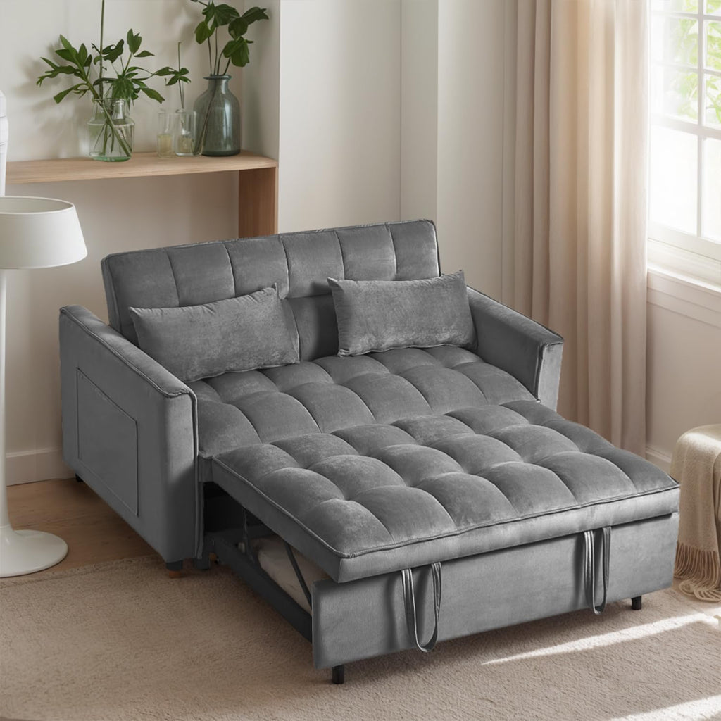 3 in 1 Convertible Sleeper Sofa Bed, 54'' Full Size Velvet Pull Out Futon Couch Recliner with Reclining Backrest & 2 Pillows, Small Loveseat Lounge Couches for Small Spaces (Medium Grey)