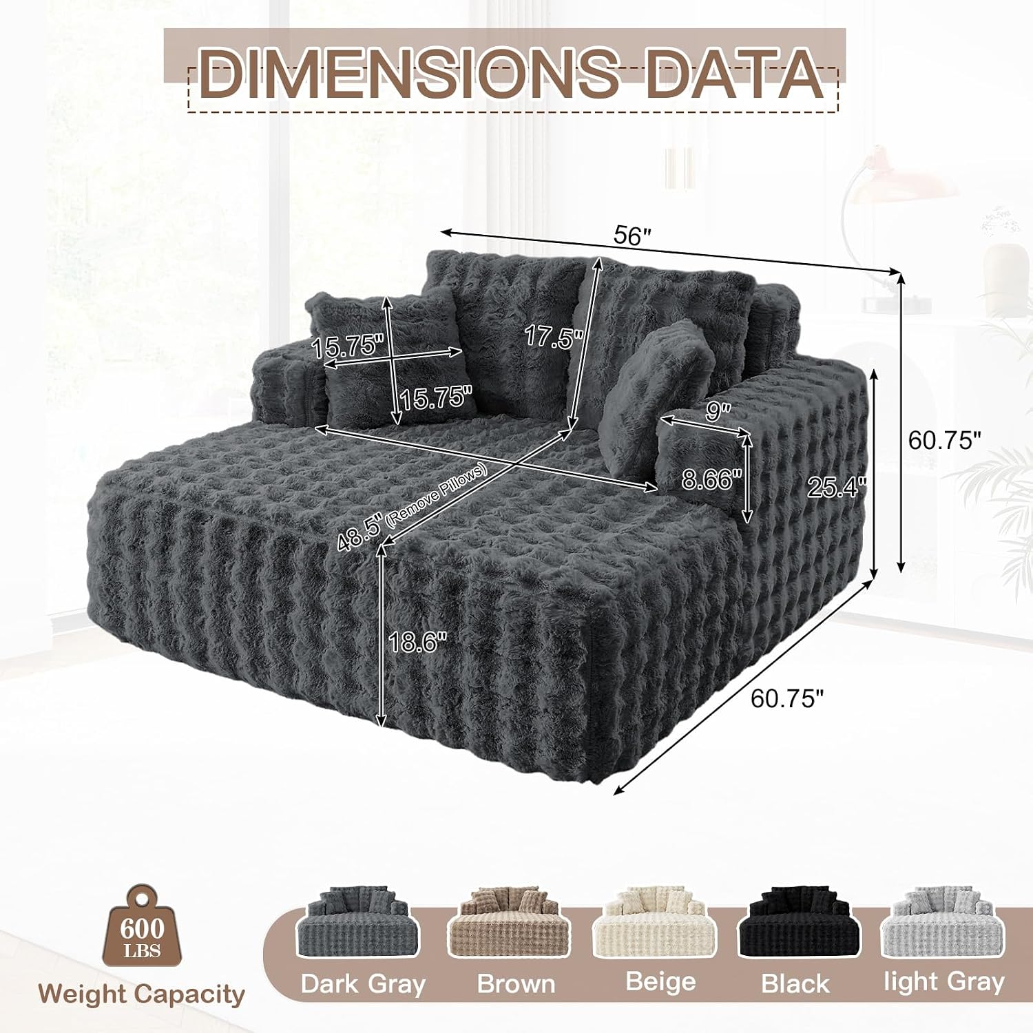JEEOHEY 56' W Oversized Chaise Lounge Chair Indoor,Plush Faux Fur Sleeper Couch Sofa Bed with Pillows,Fluffy Comfy Cloud Sofa,Compression Foam Boneless Couch for Living Room,Bedroom(Bubble, Grey)