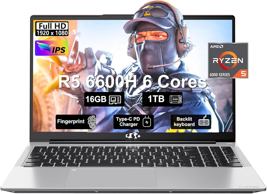 NIMO 15.6 FHD-Laptop,6-Cores AMD Ryzen 5 6600H 660M 6nm GPU, 16GB DDR5 1TB SSD (Beat i5-12450H) IPS 100W Type-C Gaming Business Laptops-Computer with Fingerprint Backlit Keyboard WiFi5 Win 11
