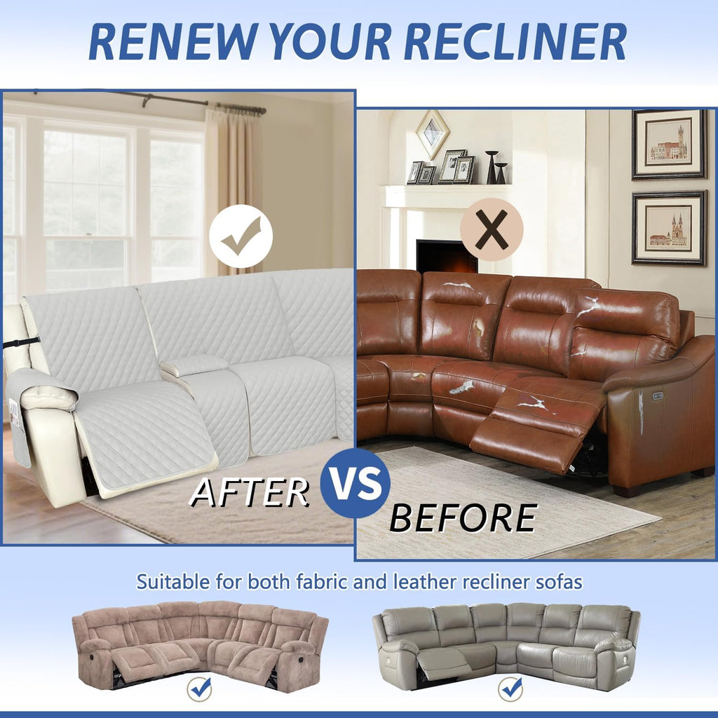 Arfntevss Recliner Sectional Couch Covers 1OO% Waterproof L Shape Sofa Cover for Reclining L Shaped Sectional Slipcover Dog Washable Corner Non Slip Protector (5 Seater with 1 Console, Light Gray)